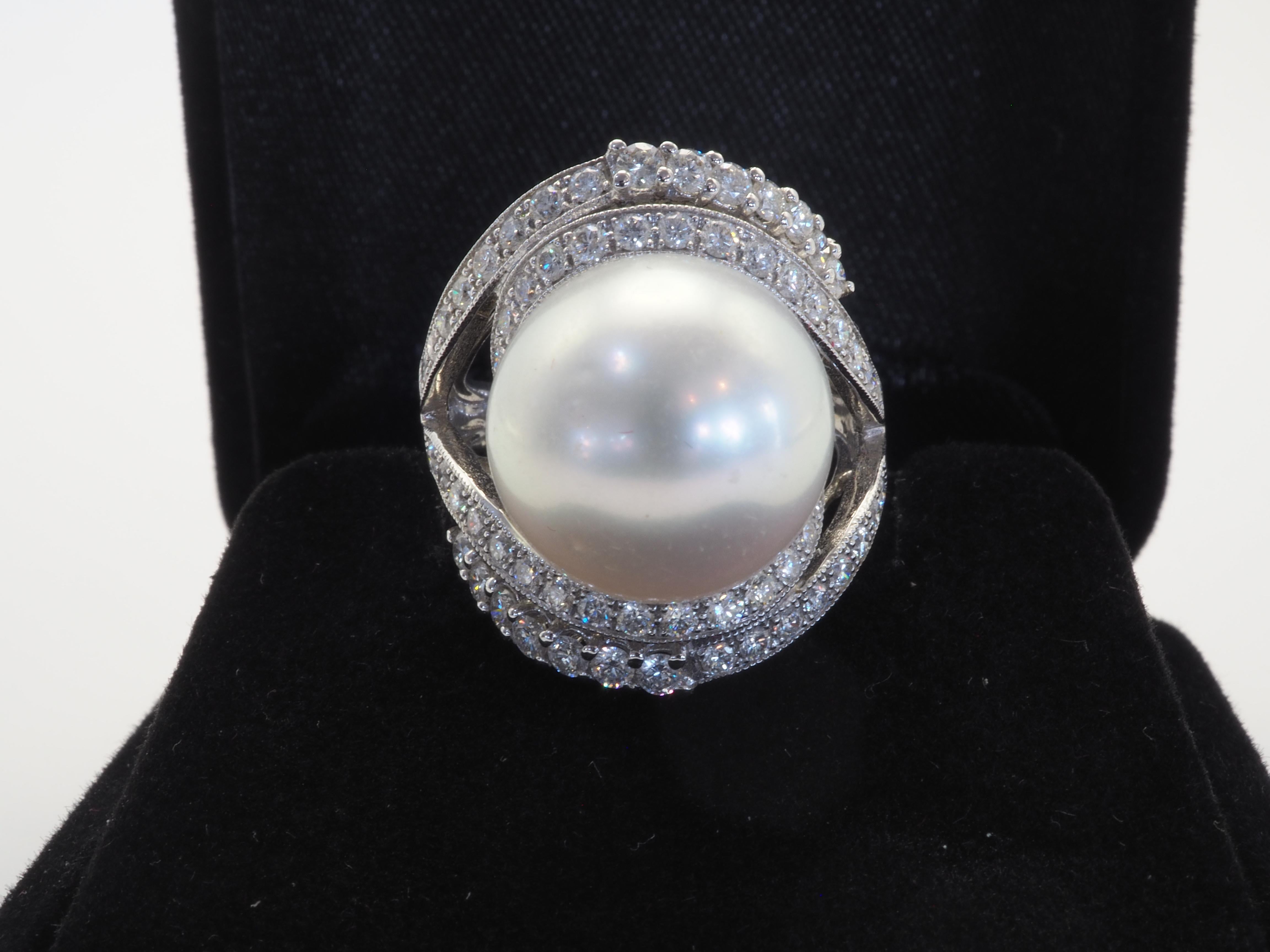 18k White Gold 13.5mm South Sea Pearl & 1.18ct Diamond Cocktail Ring For Sale 2