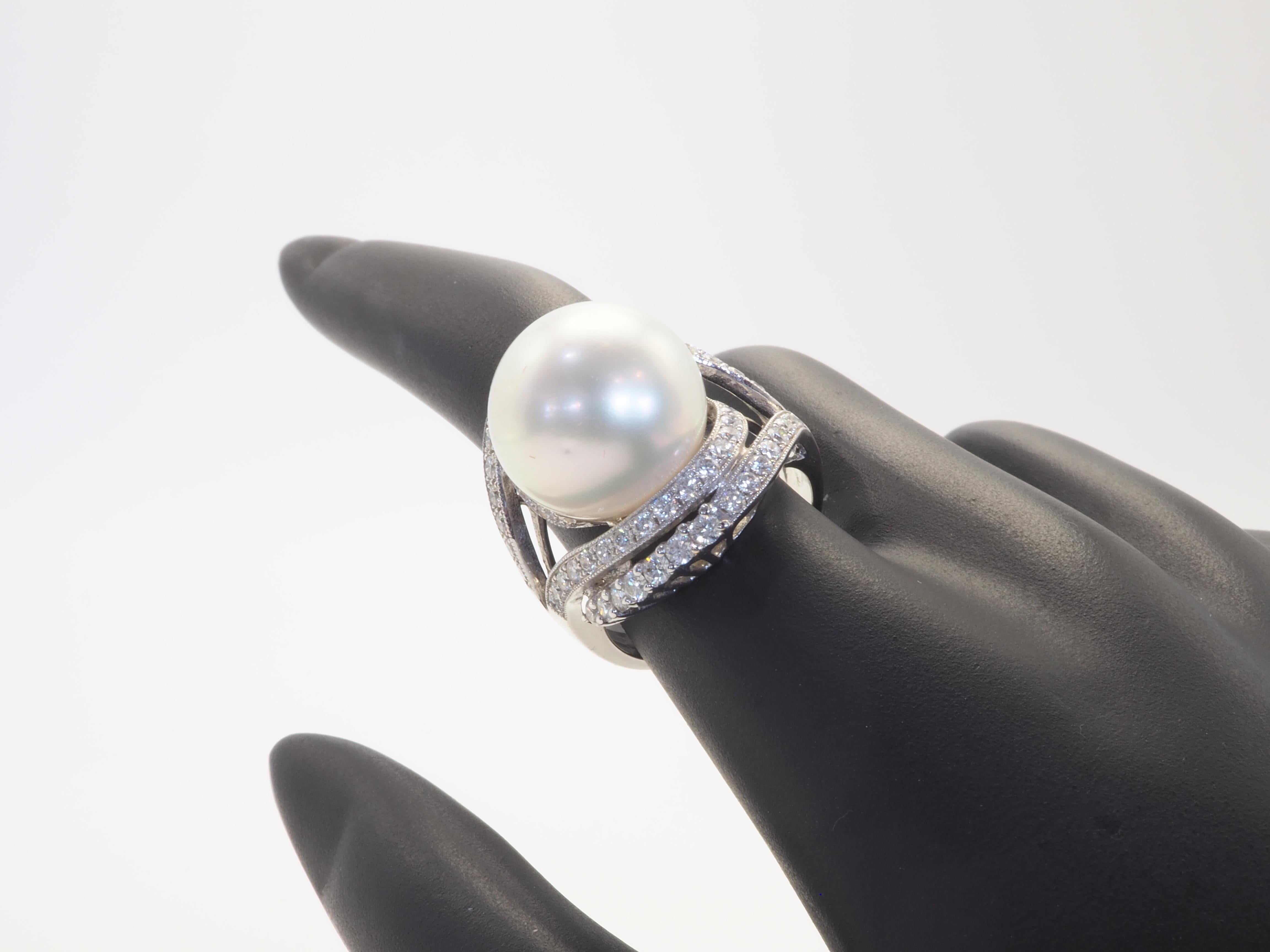 18k White Gold 13.5mm South Sea Pearl & 1.18ct Diamond Cocktail Ring For Sale 3
