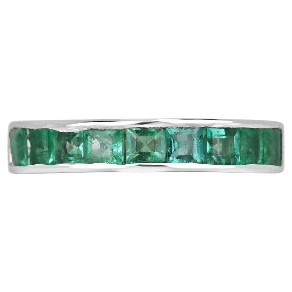 Fede nuziale in oro bianco 18K con smeraldo taglio principessa da 1,35tcw, verde medio unisex