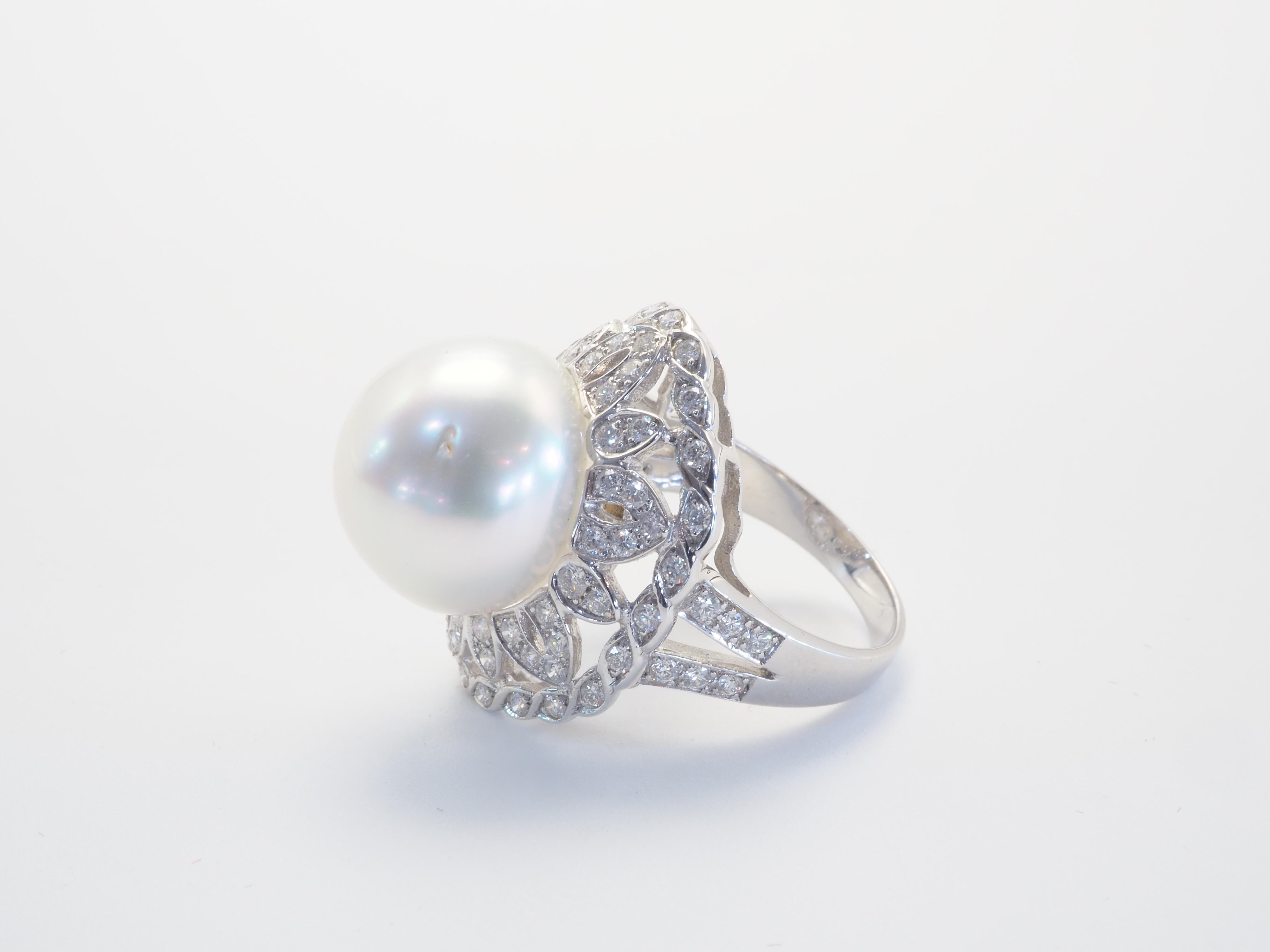 Round Cut 18k White Gold 13.6mm South Sea Pearl & 0.92ct Diamond Cocktail Ring For Sale