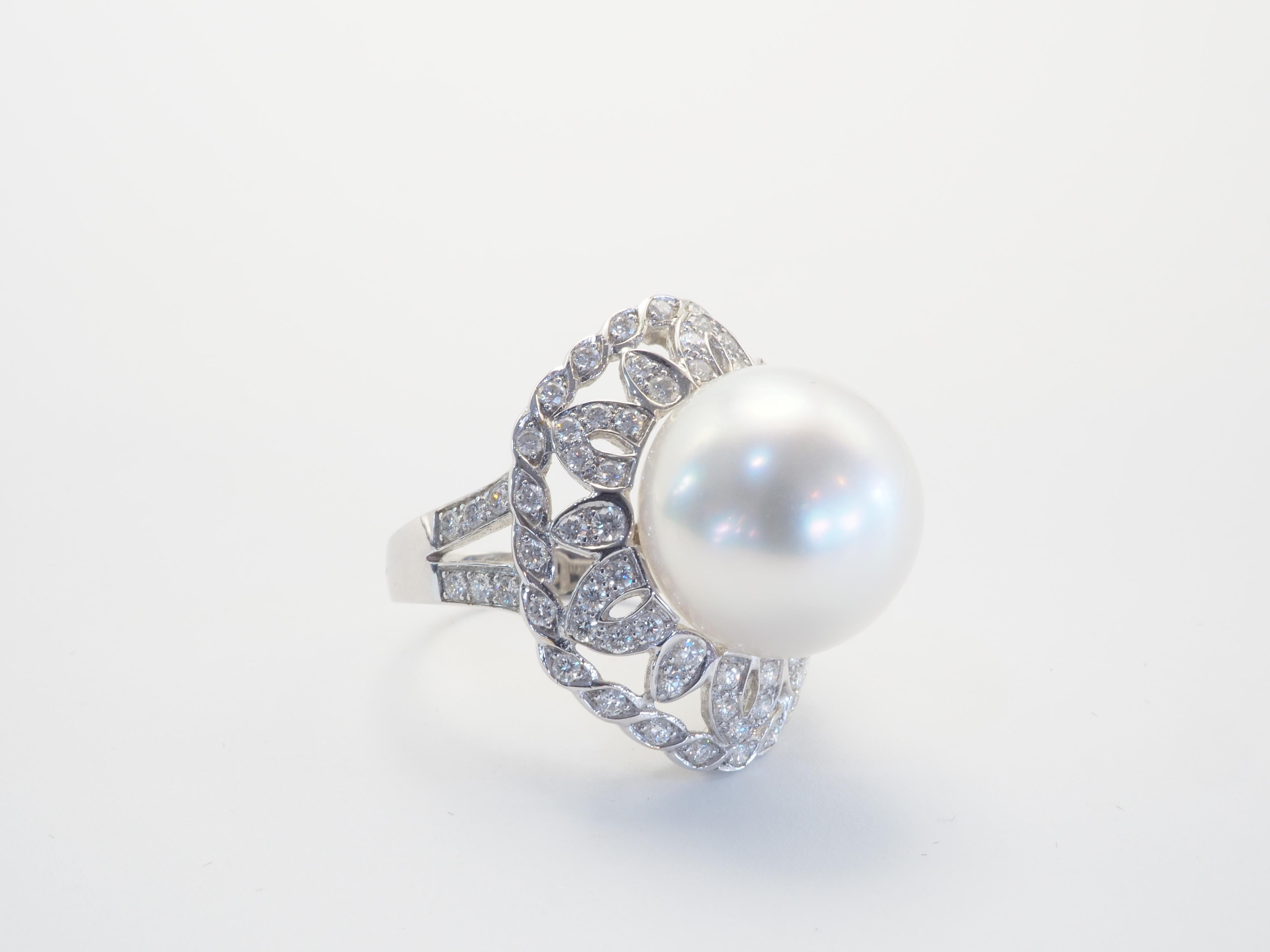 Women's 18k White Gold 13.6mm South Sea Pearl & 0.92ct Diamond Cocktail Ring For Sale