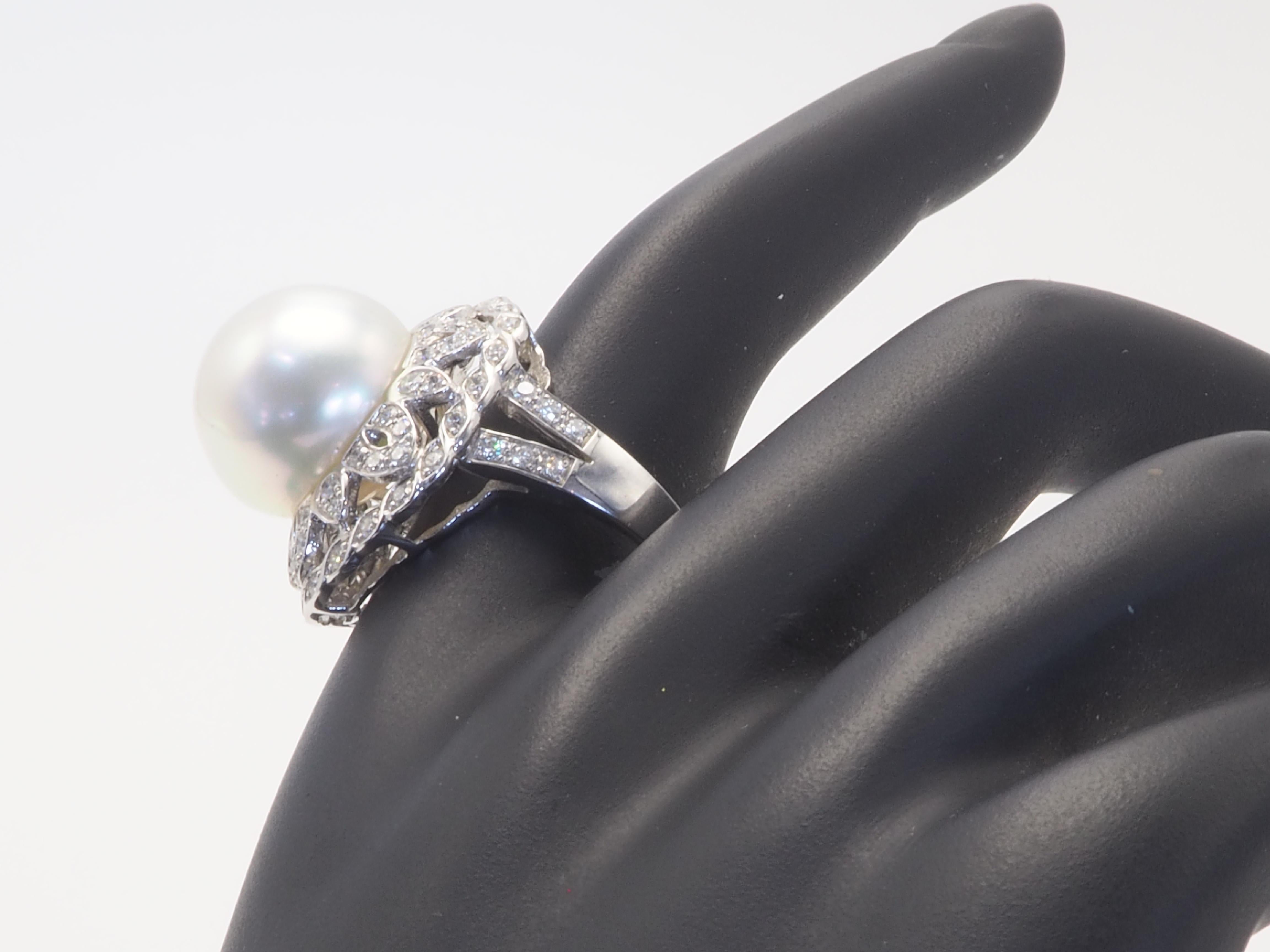 18k White Gold 13.6mm South Sea Pearl & 0.92ct Diamond Cocktail Ring For Sale 3