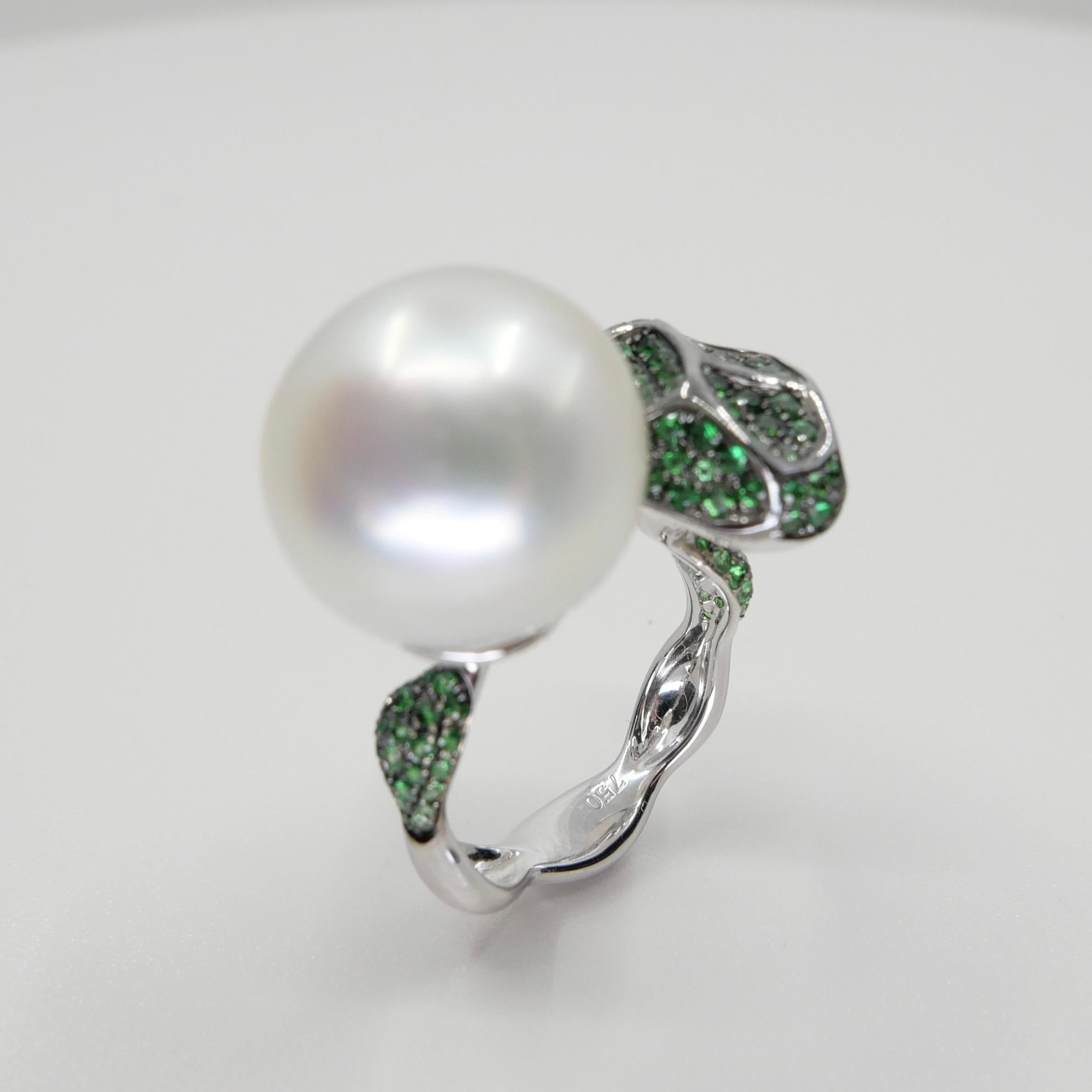 18K White Gold South Sea Pearl And Tsavorite Ring, Fine Jewelry For Sale 8