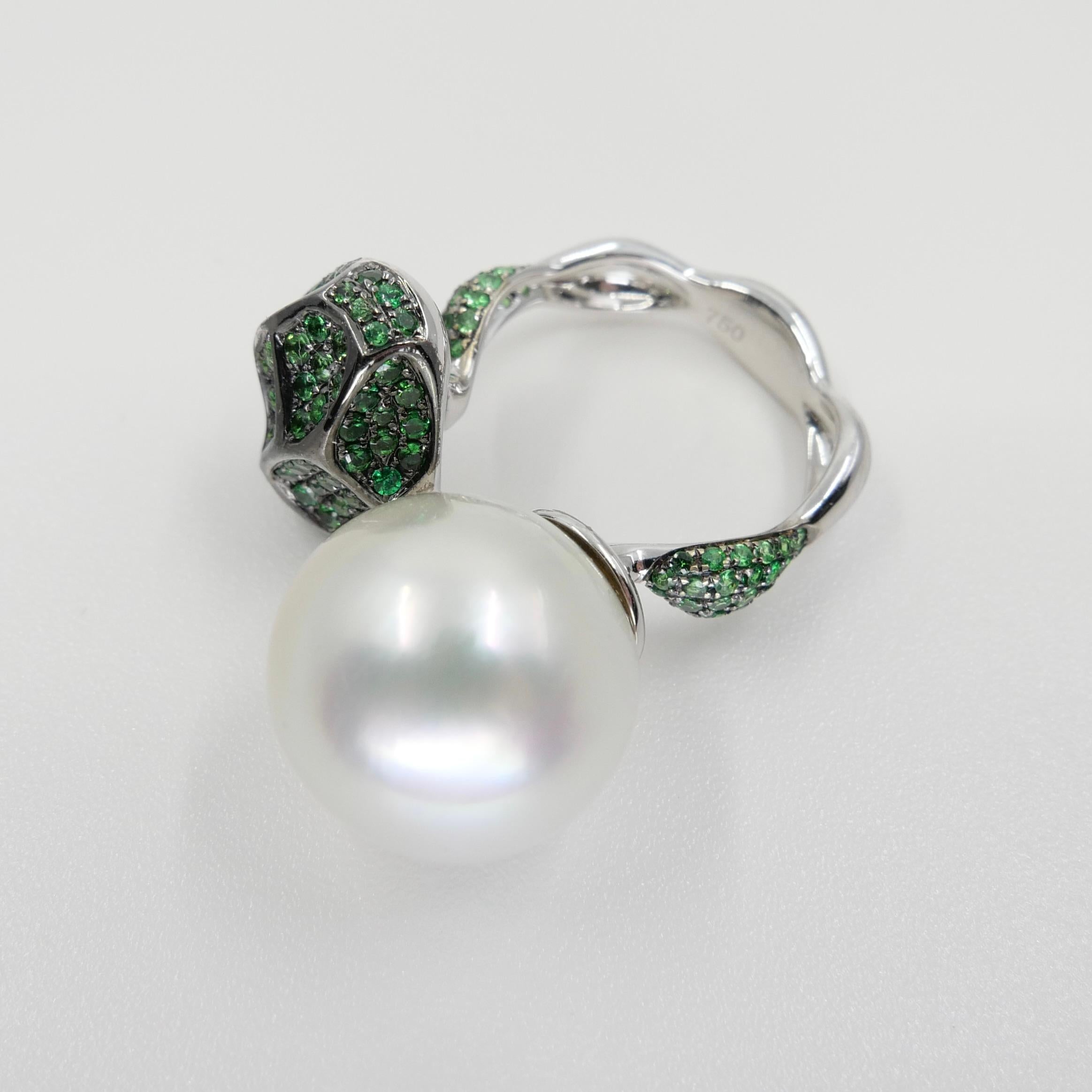 18K White Gold South Sea Pearl And Tsavorite Ring, Fine Jewelry For Sale 10