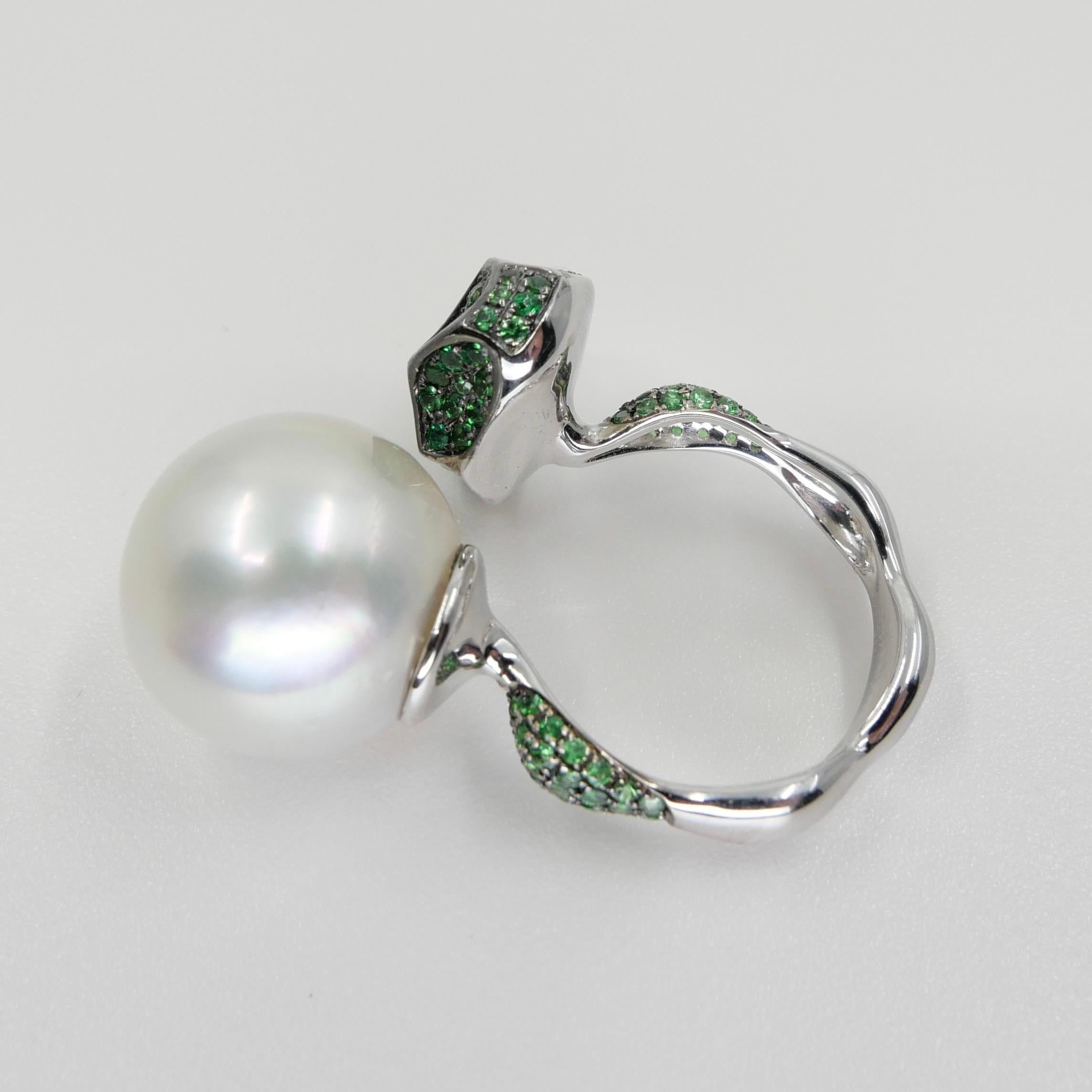 18K White Gold South Sea Pearl And Tsavorite Ring, Fine Jewelry For Sale 11