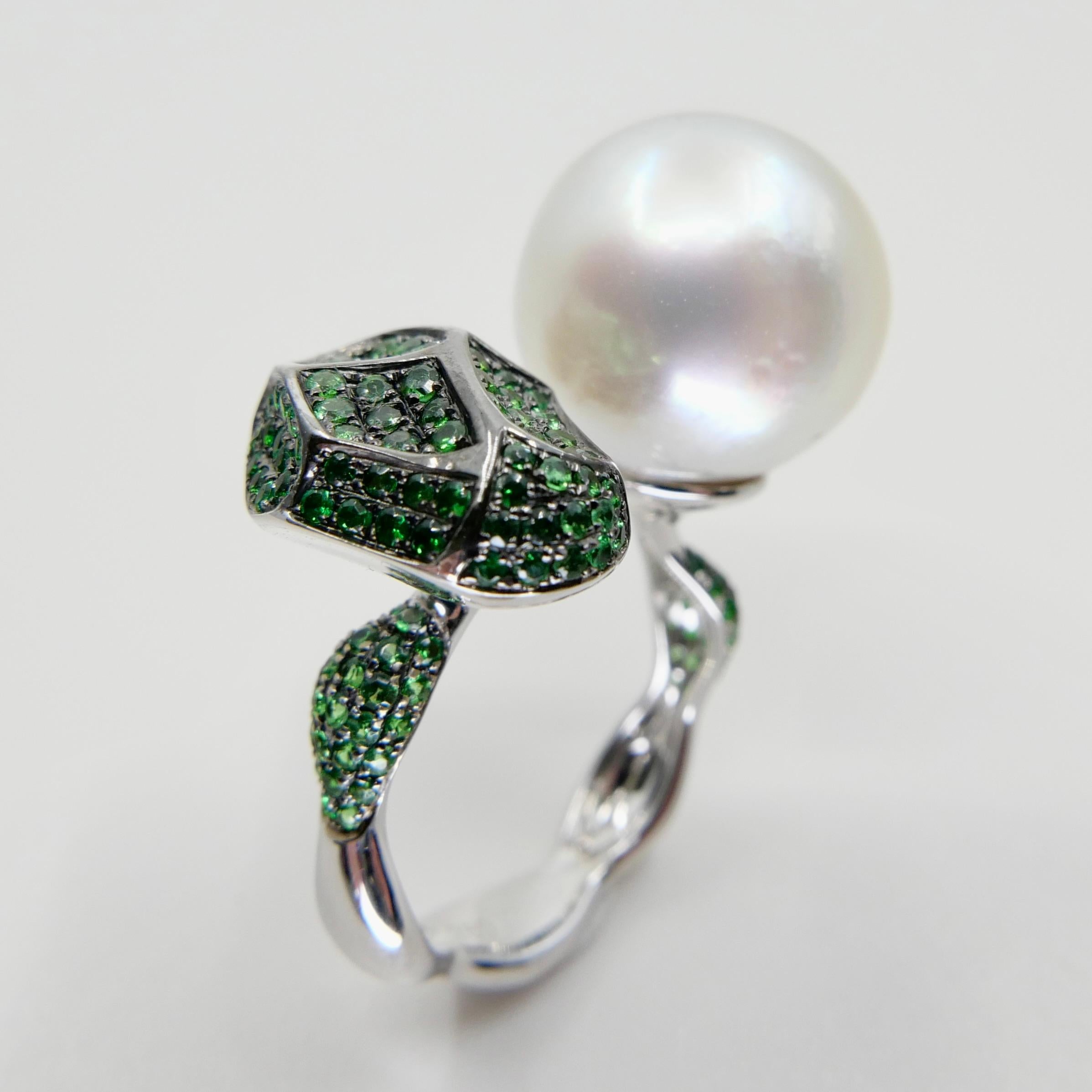 Women's 18K White Gold South Sea Pearl And Tsavorite Ring, Fine Jewelry For Sale