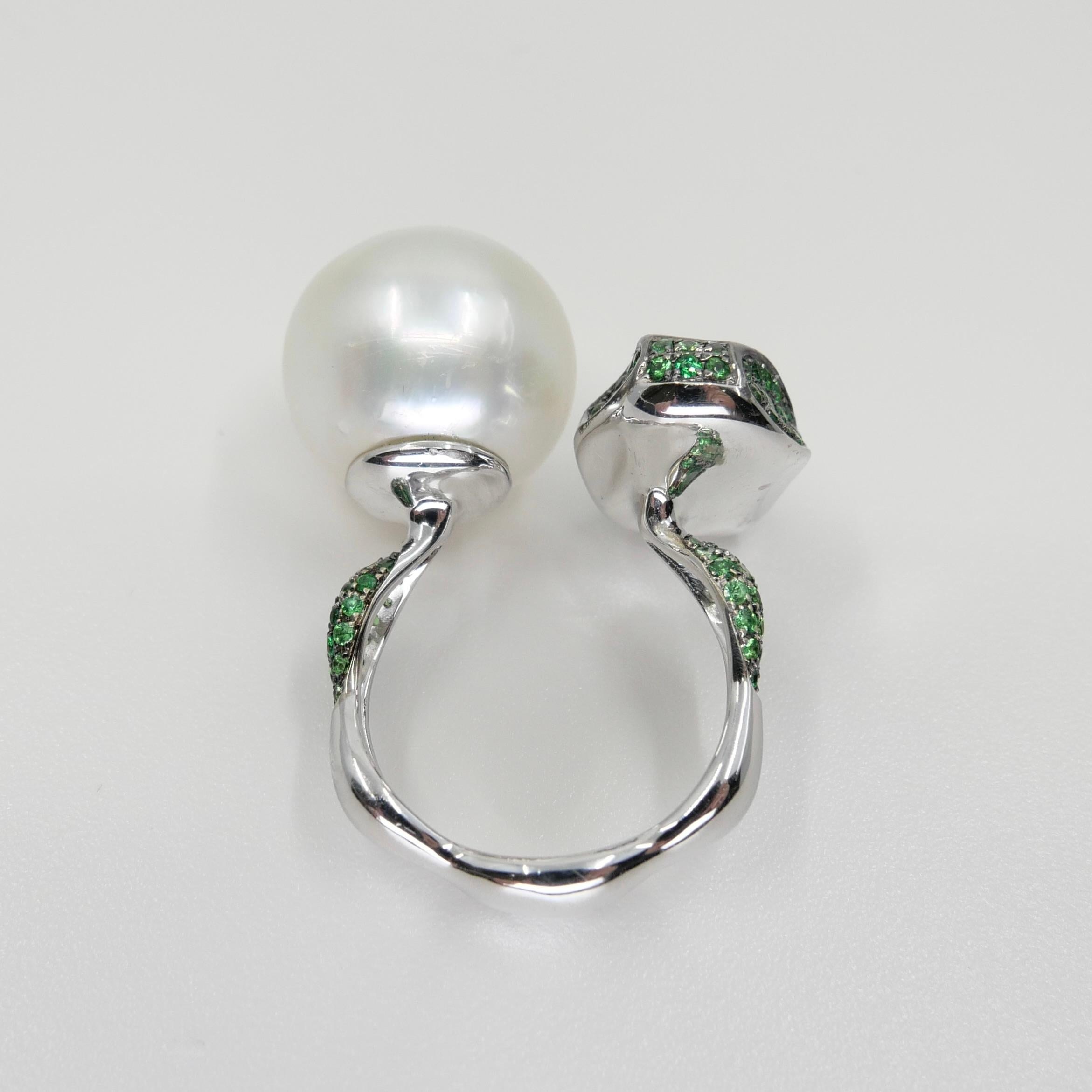 18K White Gold South Sea Pearl And Tsavorite Ring, Fine Jewelry For Sale 1