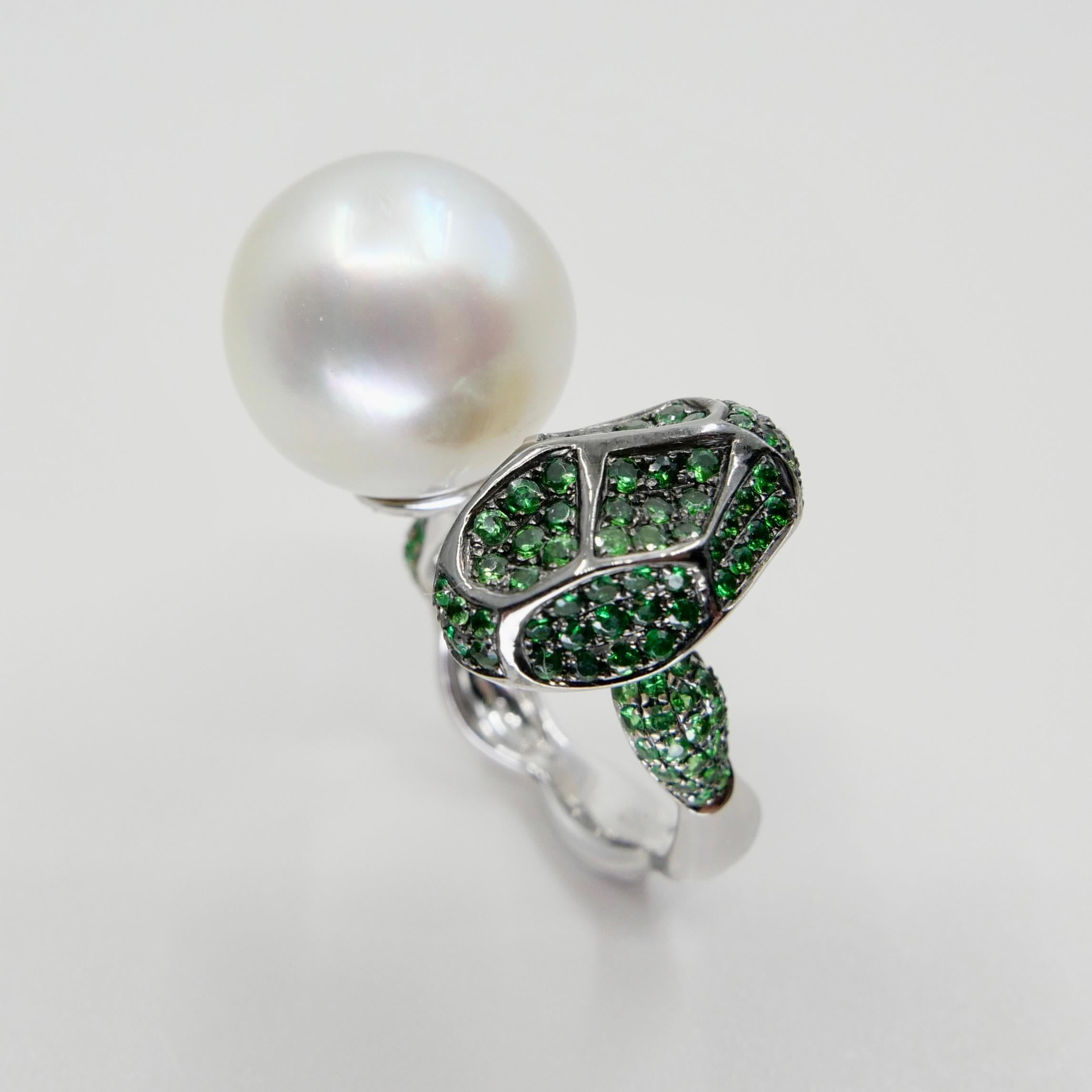 18K White Gold South Sea Pearl And Tsavorite Ring, Fine Jewelry For Sale 3