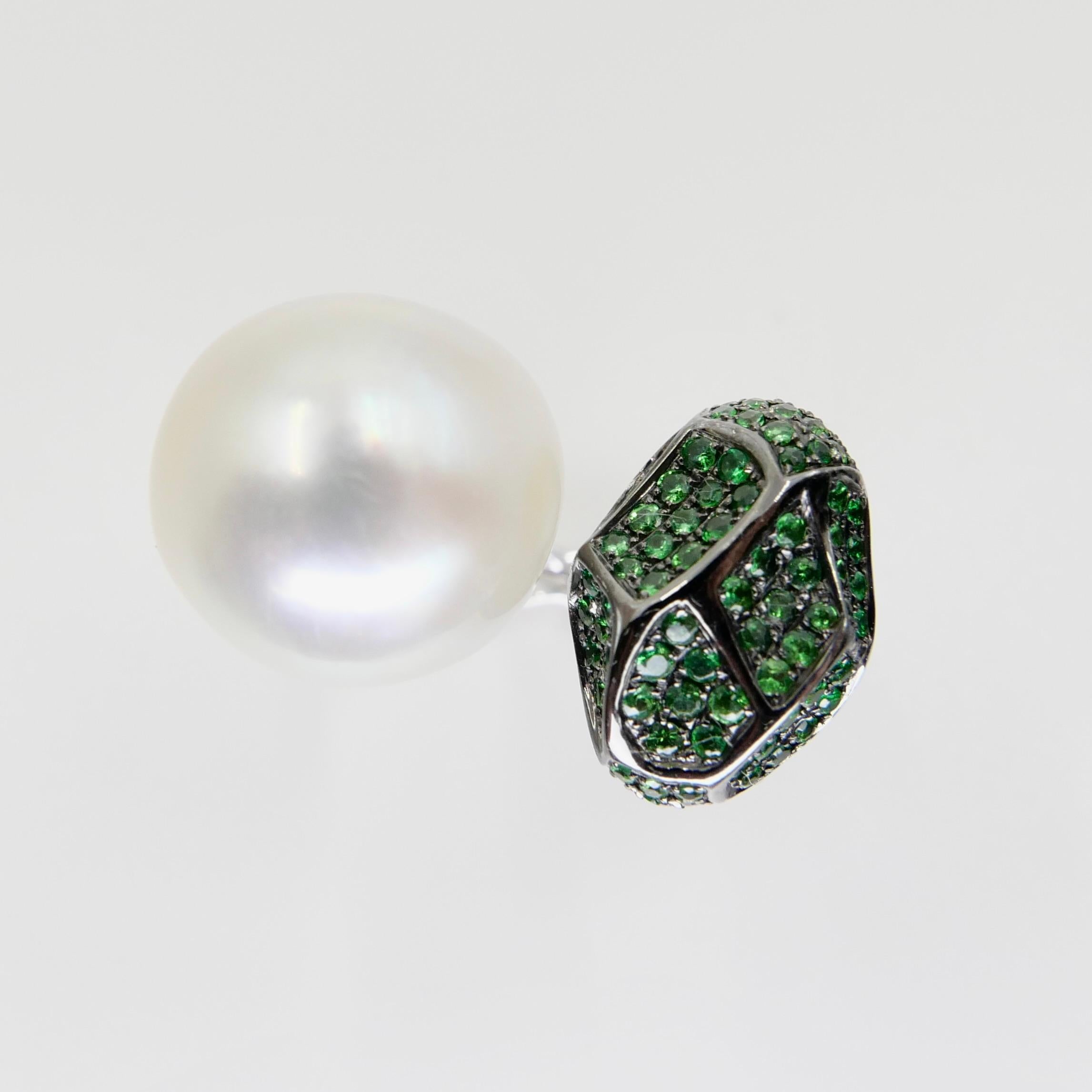 18K White Gold South Sea Pearl And Tsavorite Ring, Fine Jewelry For Sale 6