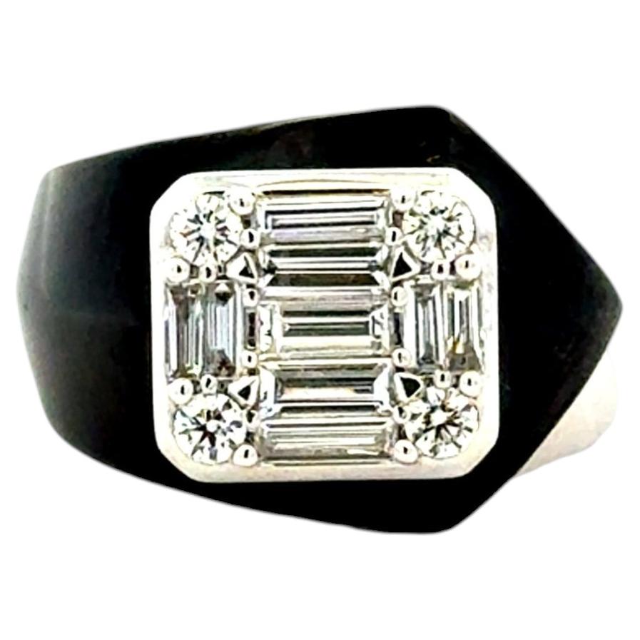 18k White Gold 1.39ctw Round Brilliant and Baguette Diamond Black Accent Ring