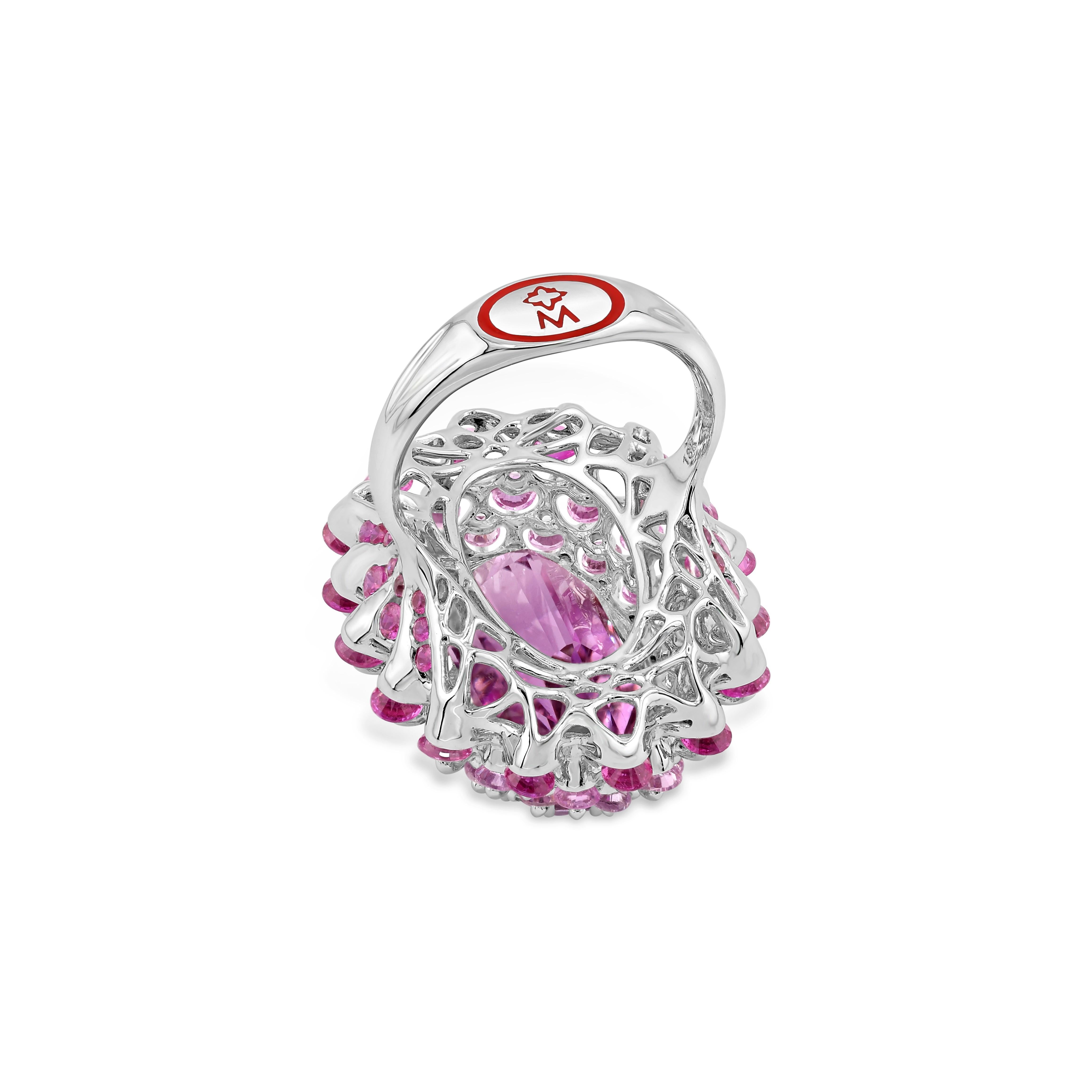 Contemporary 18K White Gold 13ct Kunzite Diamond Pink Sapphire Ring by MOISEIKIN For Sale