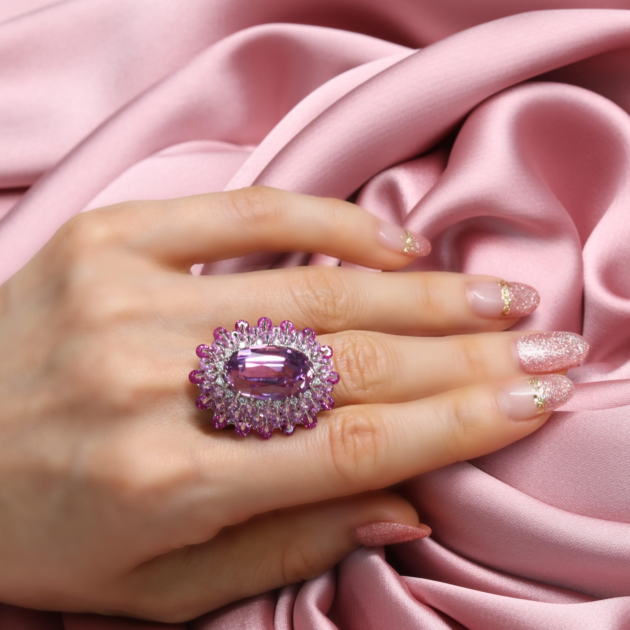 Oval Cut 18K White Gold 13ct Kunzite Diamond Pink Sapphire Ring by MOISEIKIN For Sale