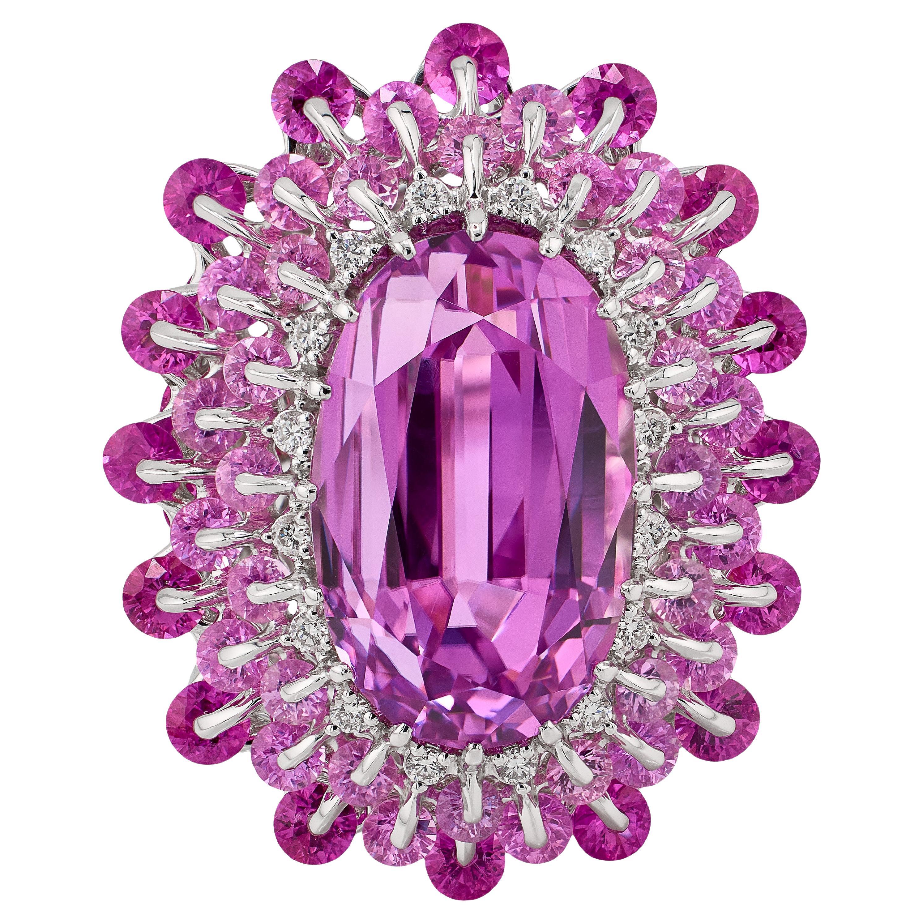 18K White Gold 13ct Kunzite Diamond Pink Sapphire Ring by MOISEIKIN