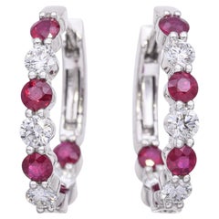 18k White Gold 1.3tcw Ruby and Diamond Inside Out Hoop Earrings