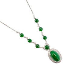 18K White Gold 14.00ct Green Burmese Jadeite Jade Diamond Pendant Necklace