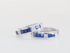 18K White Gold 1.40ct Square Blue Sapphire & 0.04ct Diamond Fine Hoop Earrings
