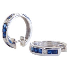 18K White Gold 1.40ct Square Blue Sapphire & 0.04ct Diamond Fine Hoop Earrings