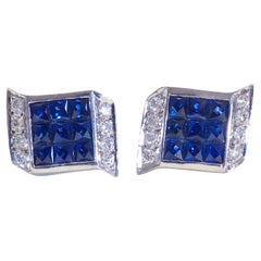 Vintage 18k White Gold 1.40ct Square Blue Sapphire 
0.06ct Diamond Stud Earrings