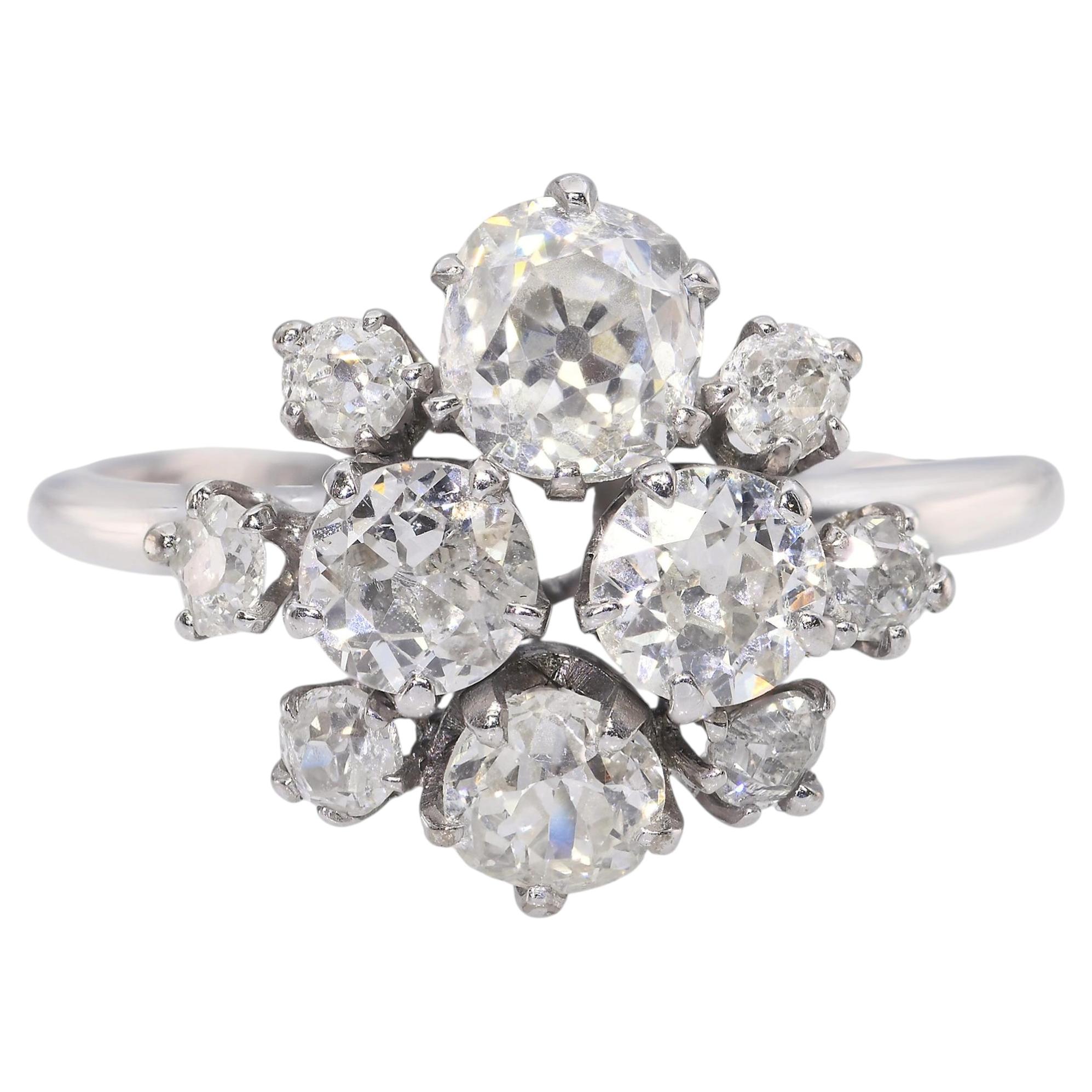 18K Weißgold 1.40tcw Old Mine Cut Multi-Diamanten Cluster Ring