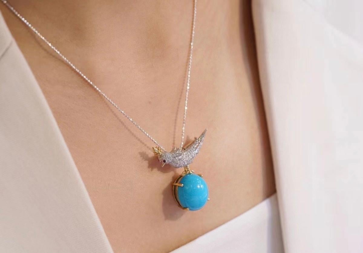  Broche/pendentif oiseau en or blanc 18 carats, turquoise 14,16 carats et diamants Unisexe 