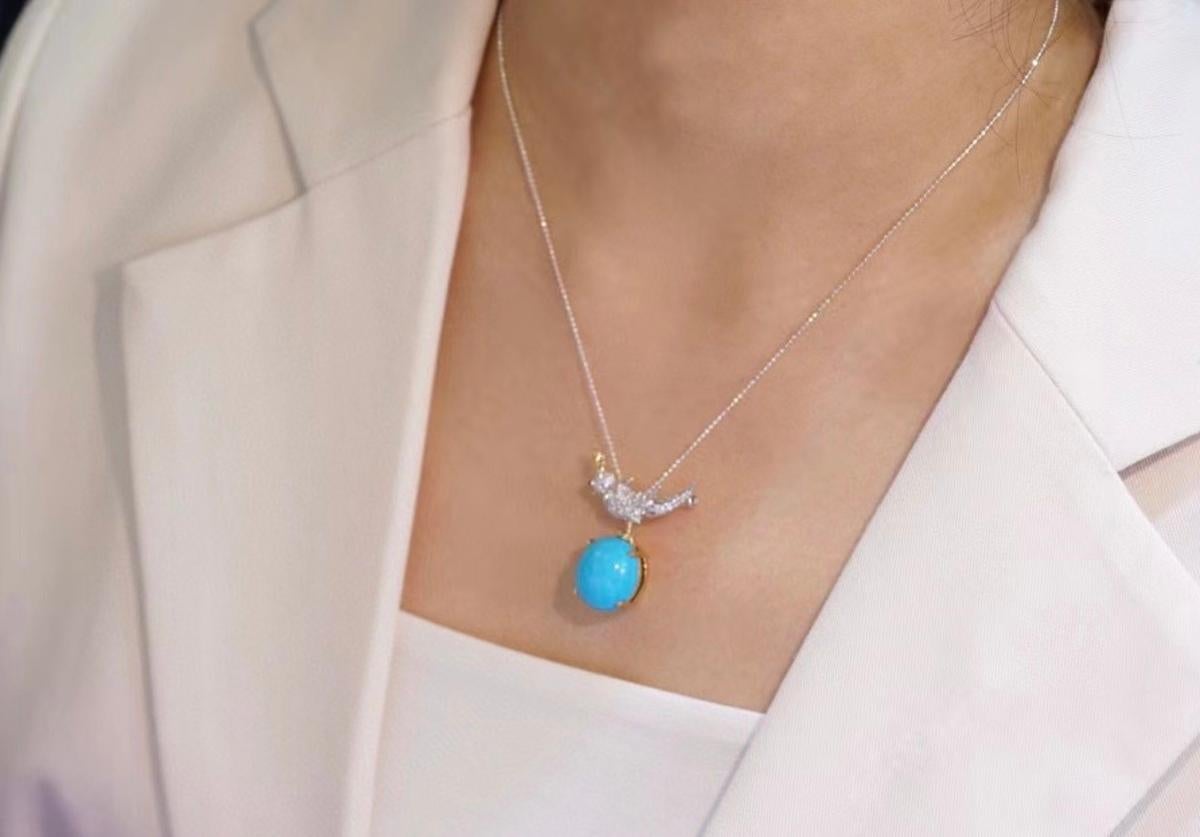 Broche/pendentif oiseau en or blanc 18 carats, turquoise 14,16 carats et diamants 1