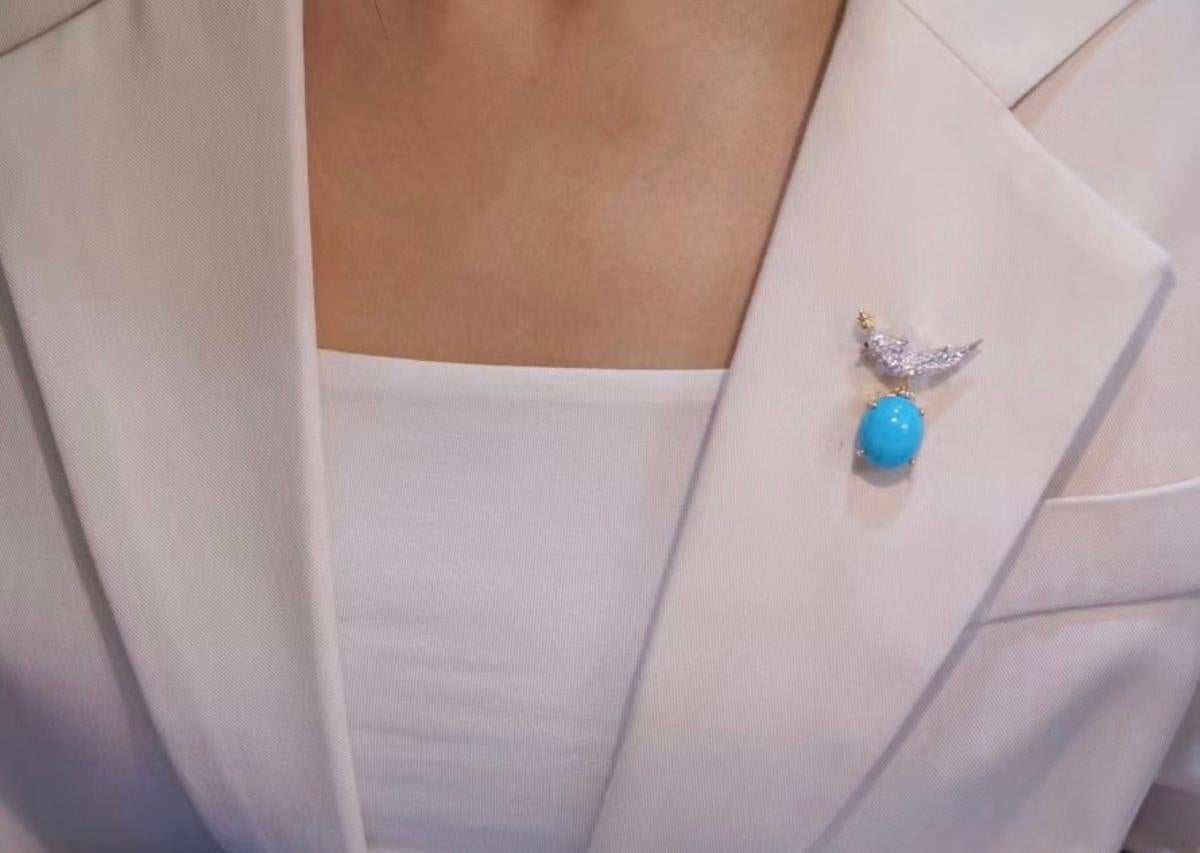 Broche/pendentif oiseau en or blanc 18 carats, turquoise 14,16 carats et diamants 2