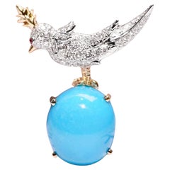 Broche/pendentif oiseau en or blanc 18 carats, turquoise 14,16 carats et diamants