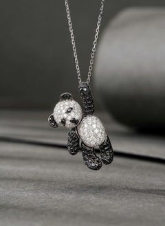 18K White Gold 1.43 CT Black Diamond & Diamond Teddy Bear Pendant Necklace