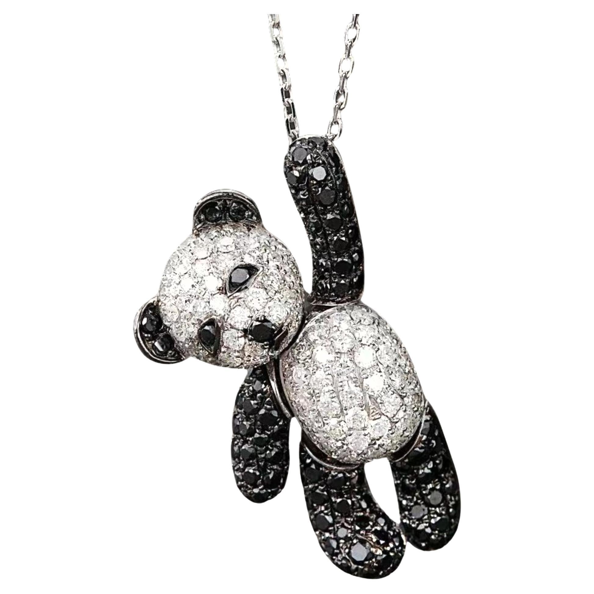 18K White Gold 1.43 CT Black Diamond & Diamond Teddy Bear Pendant Necklace