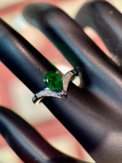 18K White Gold 1.44ct Pear Deep Green Tsavorite & 0.12ct Diamond V Shank Ring
