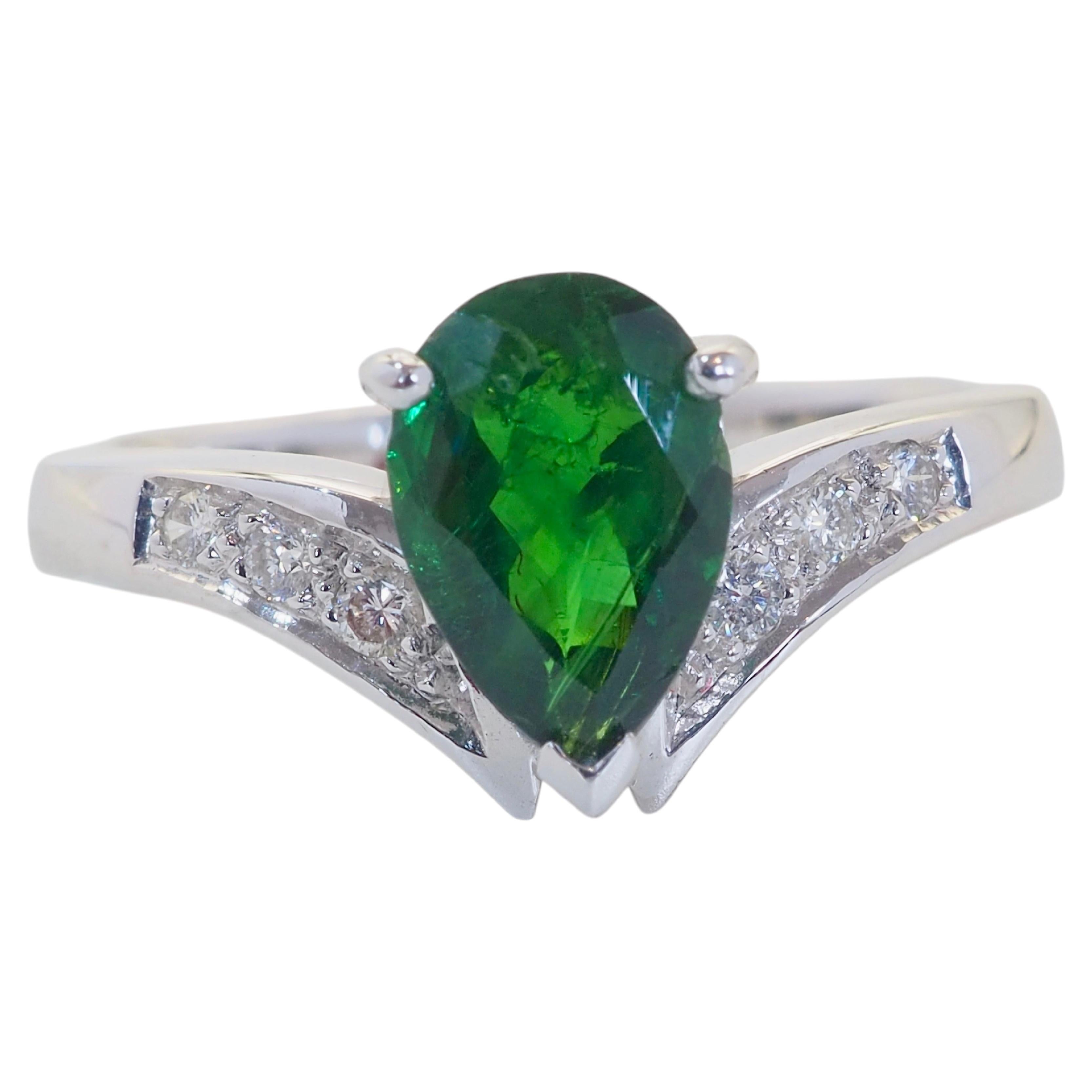 18K White Gold 1.44ct Pear Deep Green Tsavorite & 0.12ct Diamond V Shank Ring