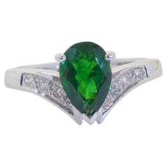 18K White Gold 1.44ct Pear Deep Green Tsavorite & 0.12ct Diamond V Shank Ring