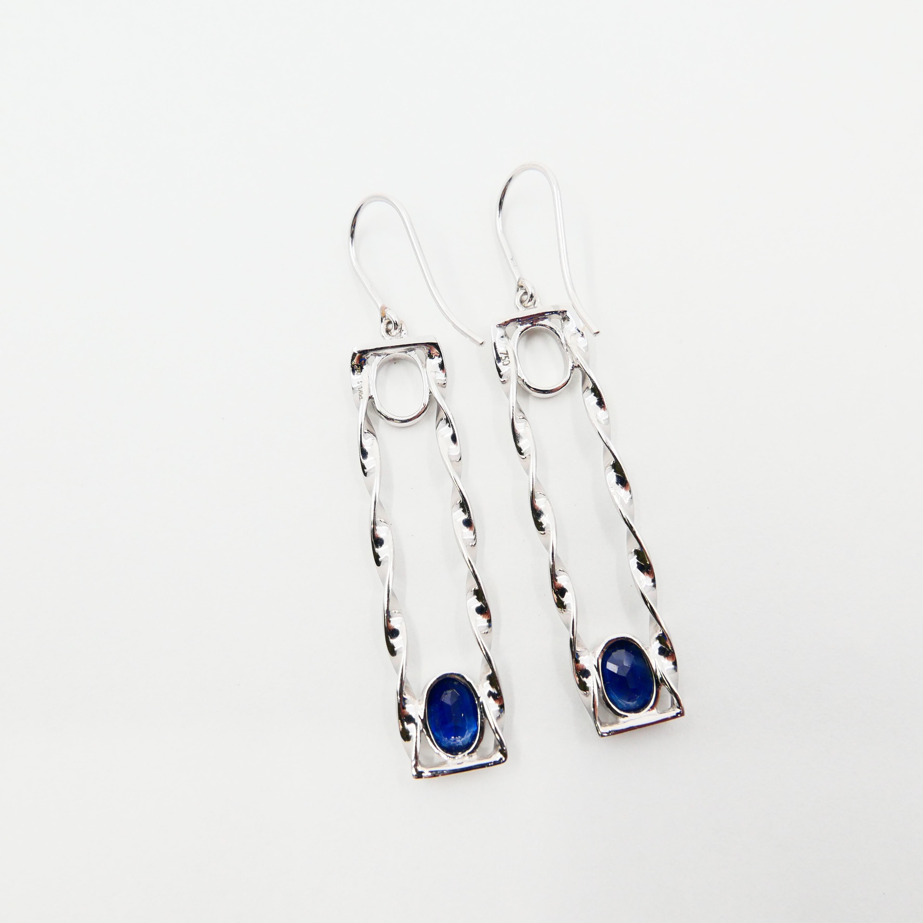 18 Karat White Gold 1.45 Carat Blue Sapphire Drop Twist Earrings For Sale 2