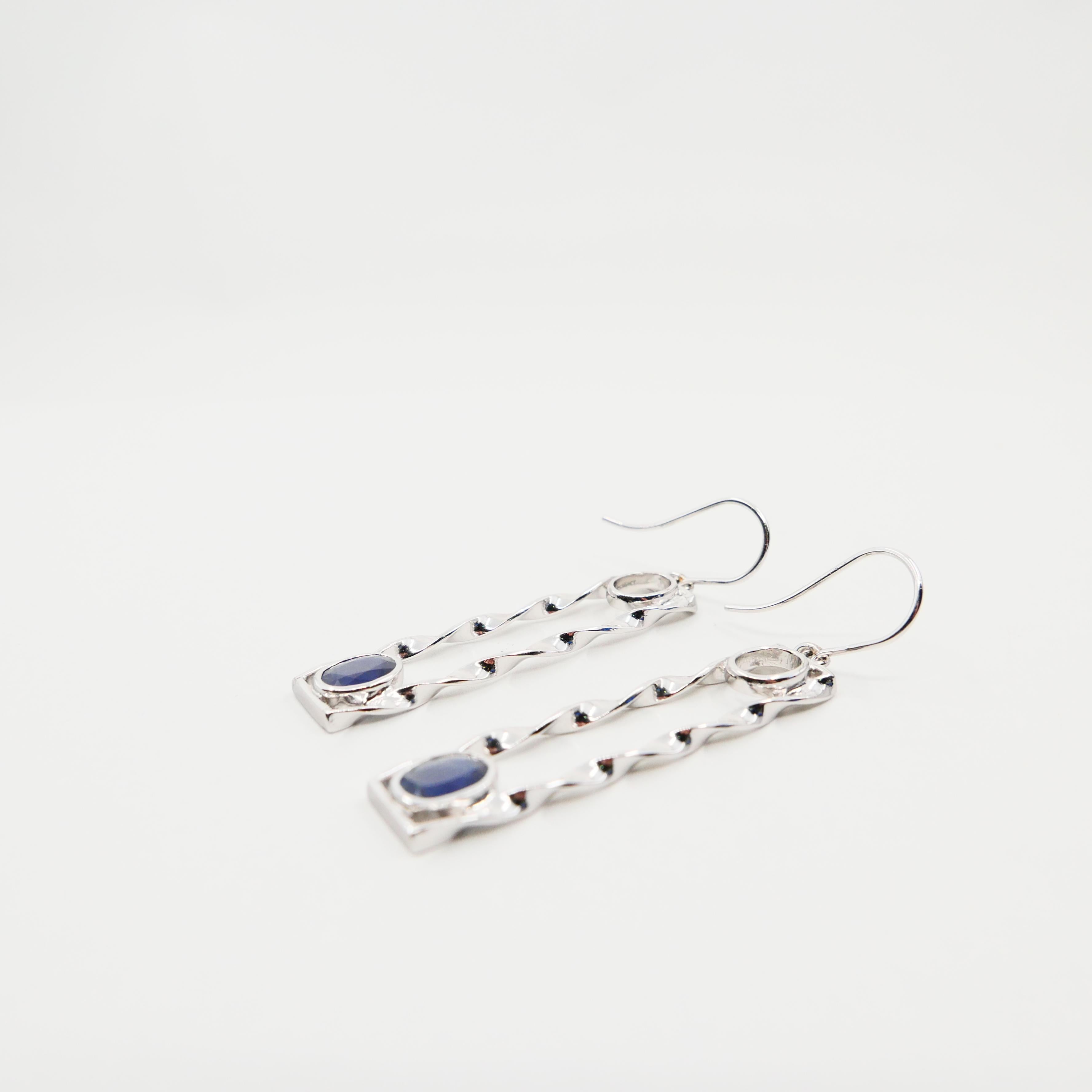 18 Karat White Gold 1.45 Carat Blue Sapphire Drop Twist Earrings For Sale 3