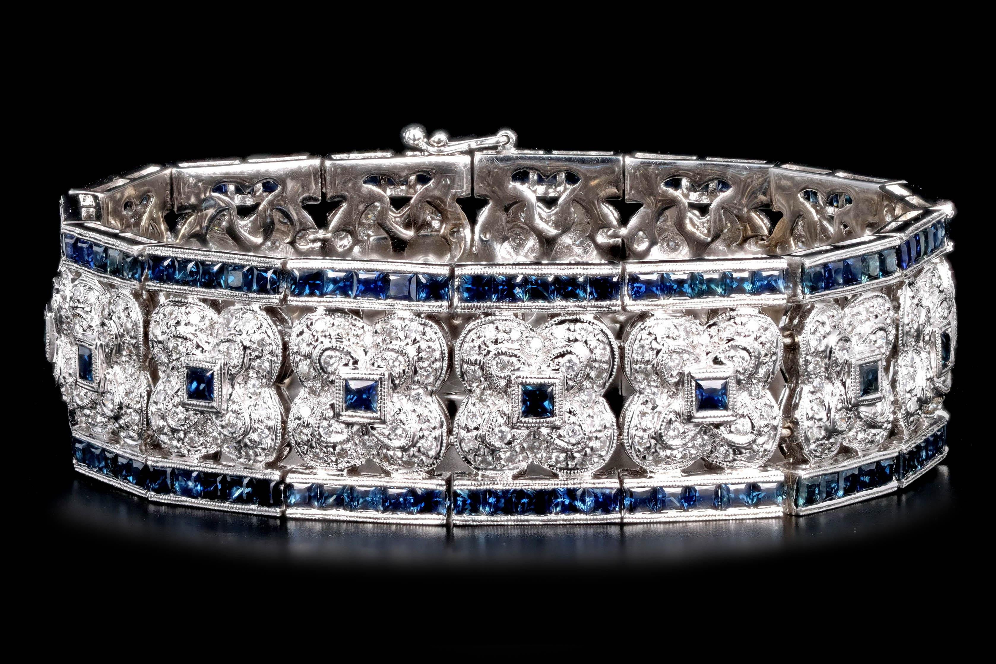 Era: Modern

Composition: 18K White Gold

Primary Stone: One Hundred Sixty Five Square Natural Sapphires

Carat Weight: Approximately 11 Carats in Total

Accent Stone: Three Hundred Sixty Round Brilliant Cut Diamonds

Carat Weight: Approximately 3.5