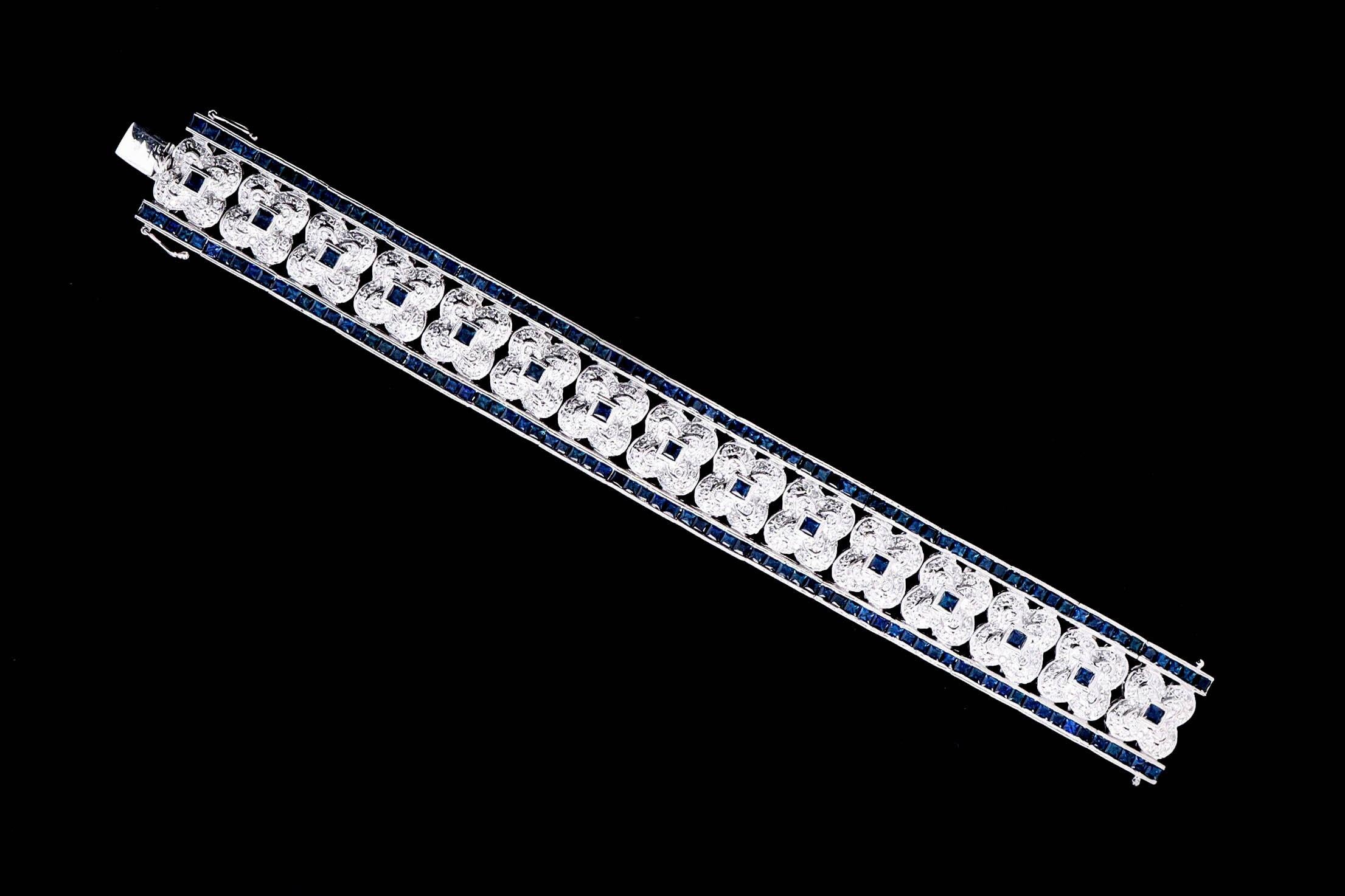 Round Cut 18K White Gold 14.5 Carat Total Weight Natural Sapphire & Diamond Bracelet