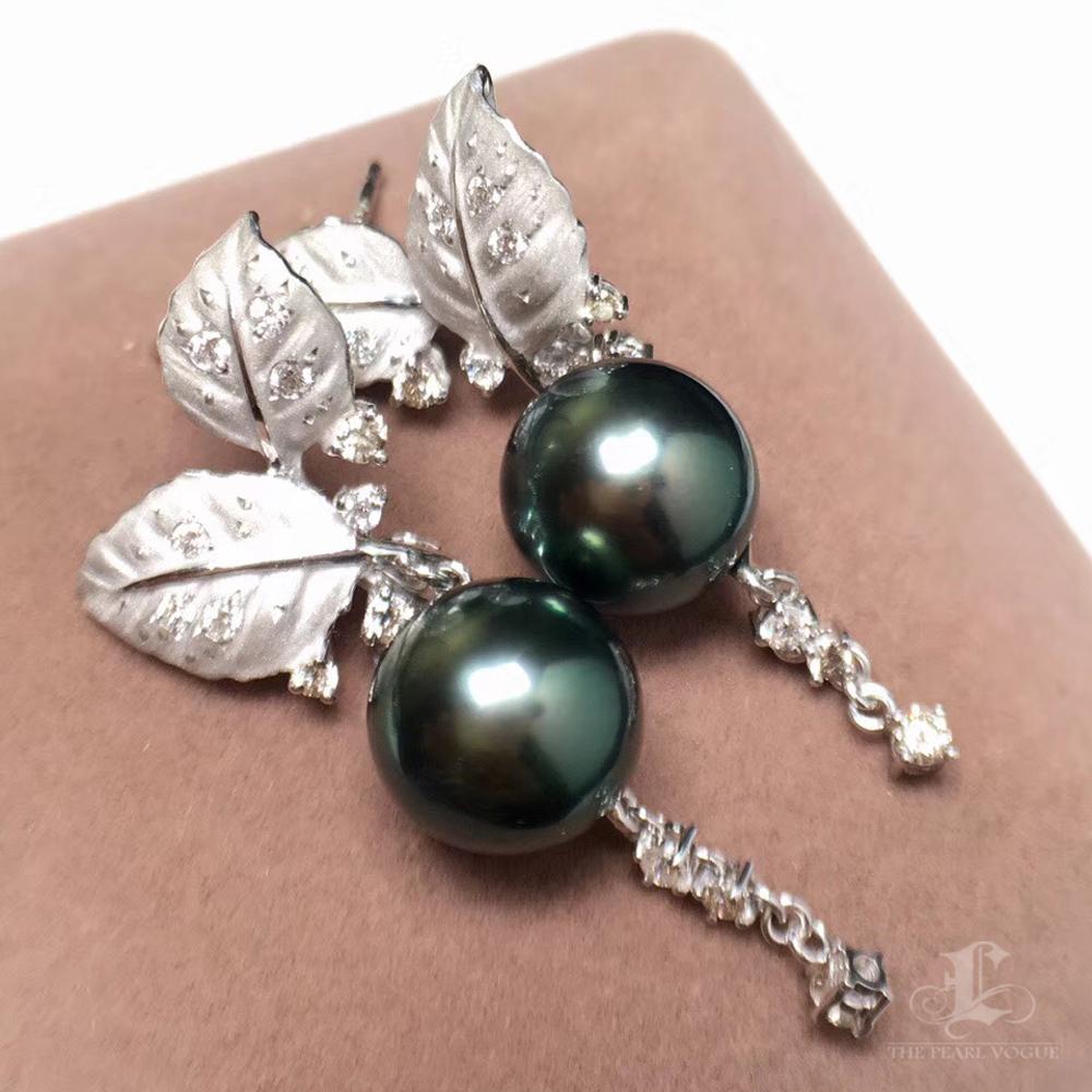 Uncut Diamond Dust Leaf Tahitian Pearl Earrings in 18K White Gold