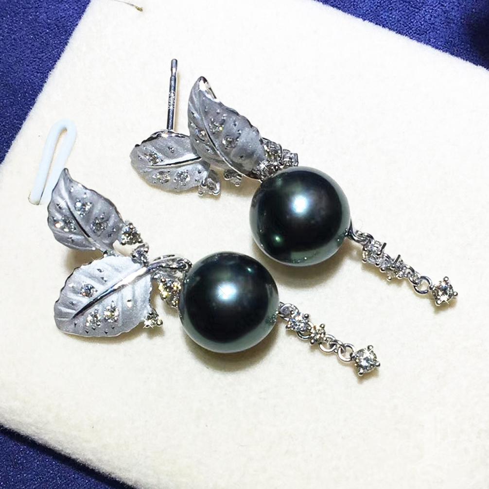 Diamond Dust Leaf Tahitian Pearl Earrings in 18K White Gold 3