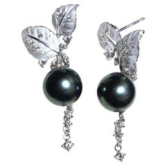 Diamond Dust Leaf Tahitian Pearl Earrings in 18K White Gold
