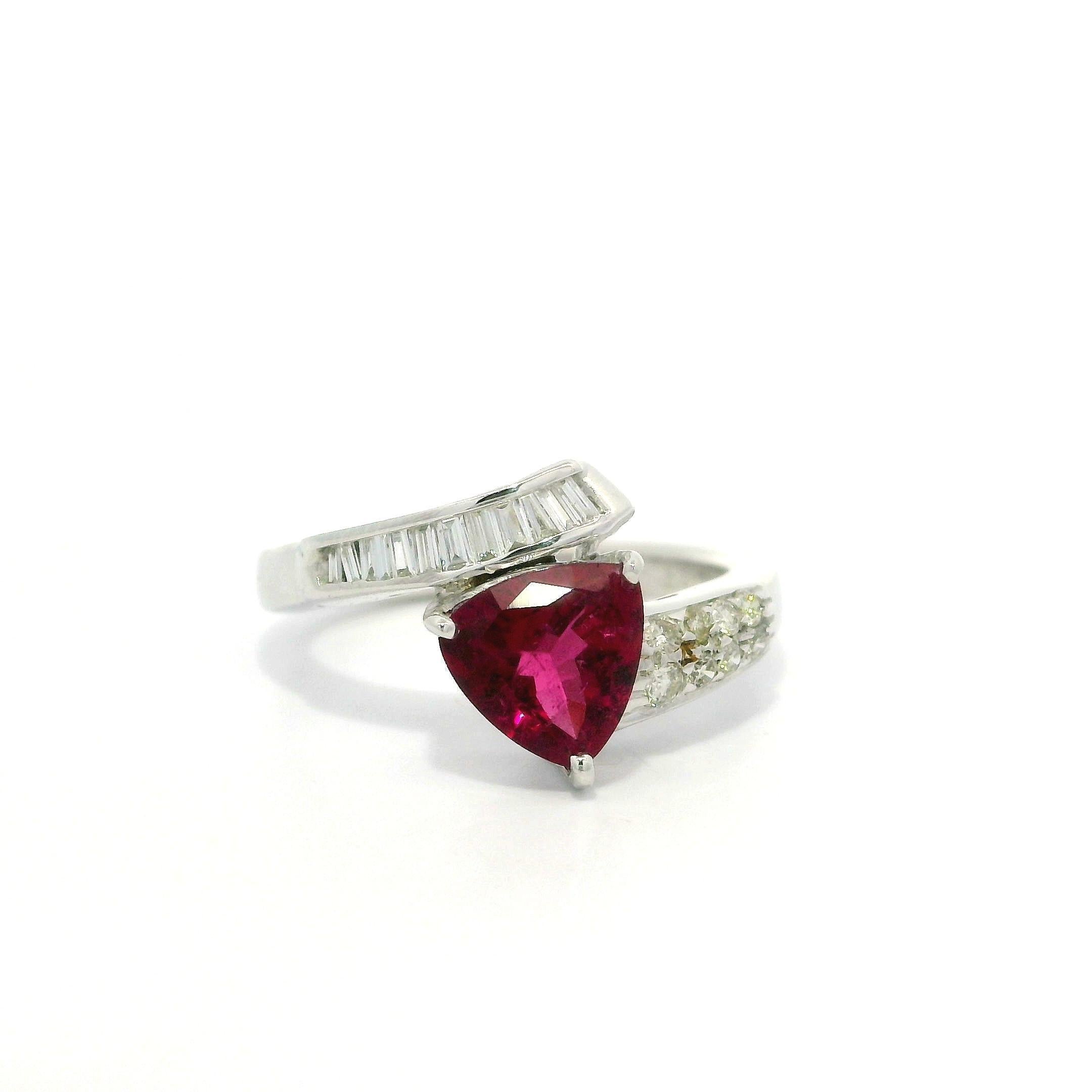 --Stone(s):--
(1) Natural Genuine Rubellite Tourmaline - Trillion Cut - Prong Set - Deep Vivid Reddish Pink Color - 1.07ct (exact)
Numerous Natural Genuine Diamonds - Round Brilliant & Baguette Cut - Pave & Channel Set - Nice White Fiery Color -