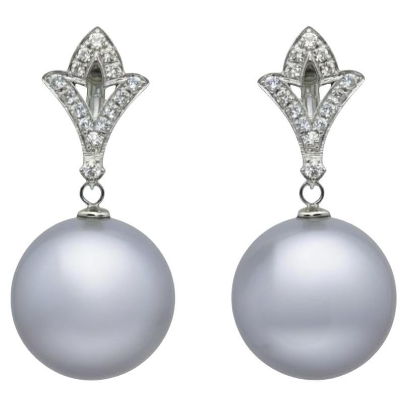 18K White Gold 14.5mm Silver Tahitian South Sea Pearl 
Diamond Drop Earrings