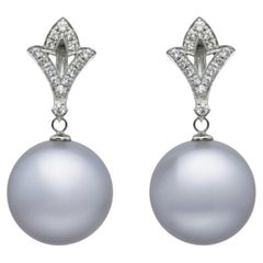 18K White Gold 14.5mm Silver Tahitian South Sea Pearl 
Diamond Drop Earrings