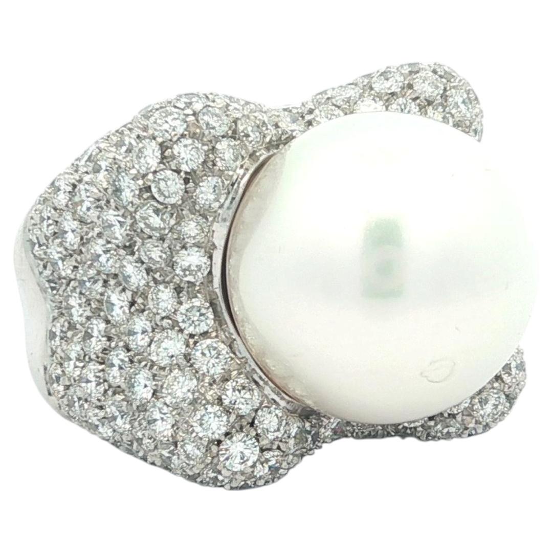 18k White Gold 14.6mm Large South Sea Pearl w/ 3.60ctw Pave Diamond Ring