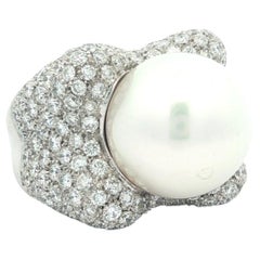 18k White Gold 14.6mm Large South Sea Pearl w/ 3.60ctw Pave Diamond Ring