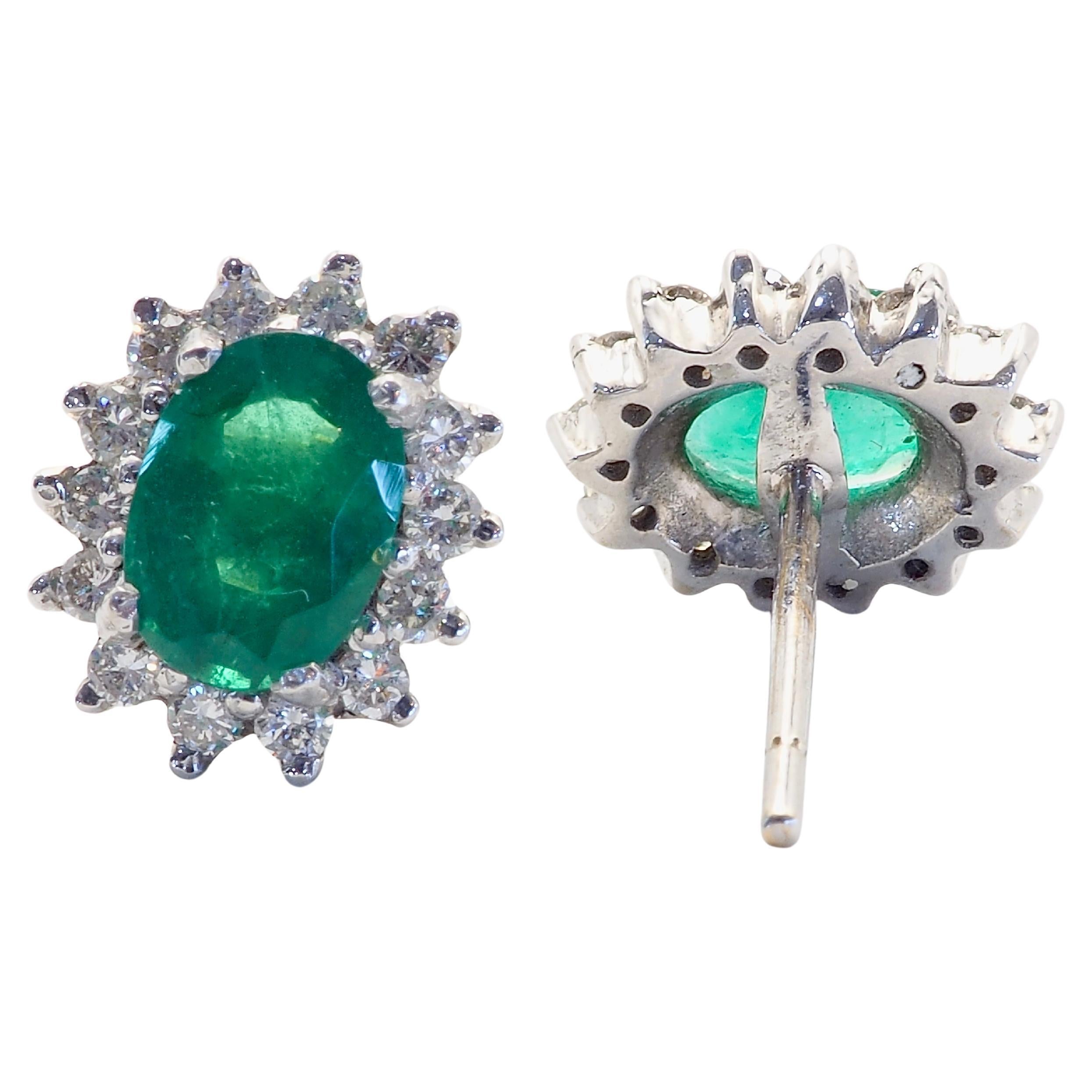 Presented here is a fine and gorgeous oval green emerald and diamond cocktail stud earring. The oval emeralds have very nice green tone and saturation with a lot of clarity. The brilliant round diamonds are genuine with good color and clarity, very