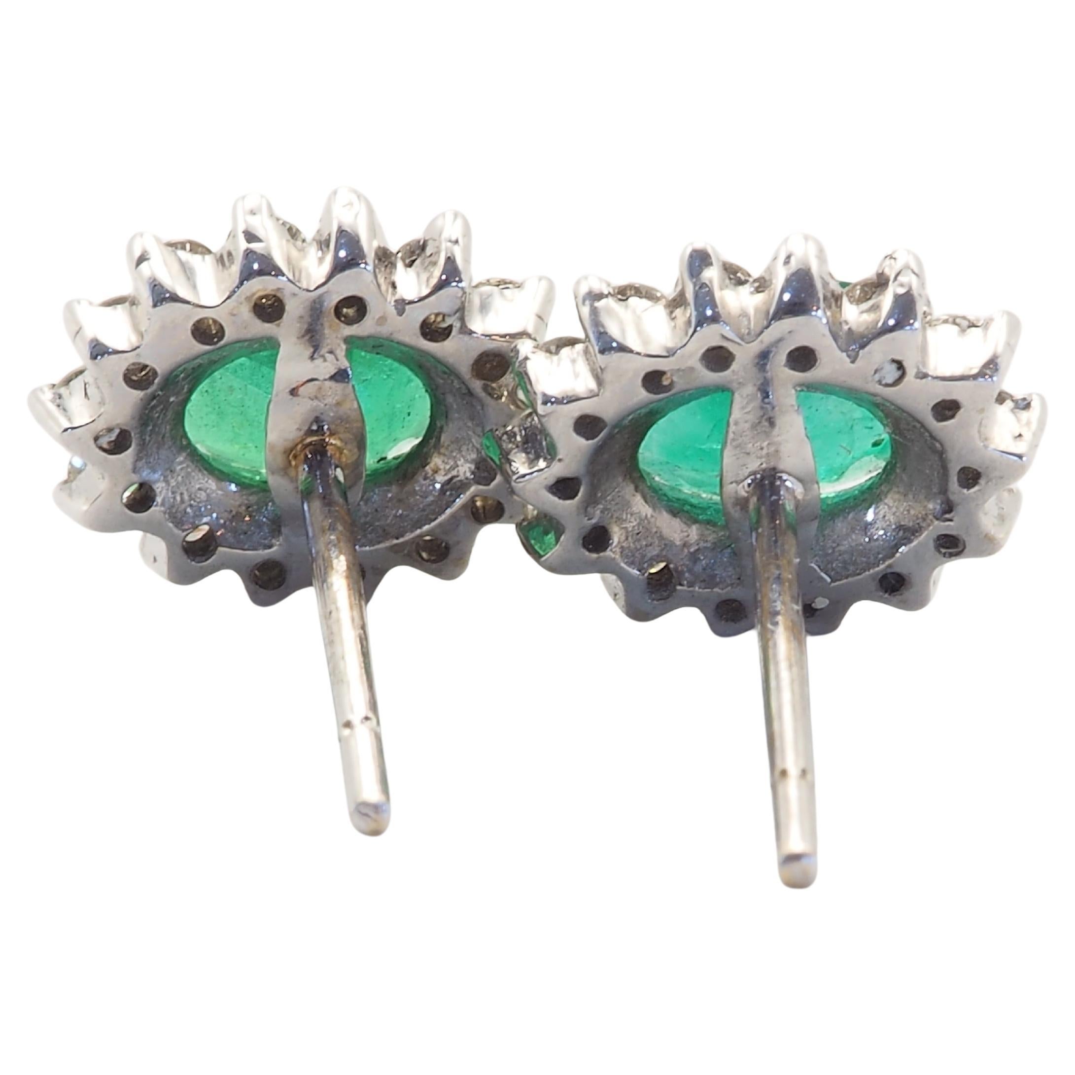 Oval Cut 18k White Gold 1.47 Carat Emerald & 0.42 Carat Diamond Cocktail Stud Earrings For Sale
