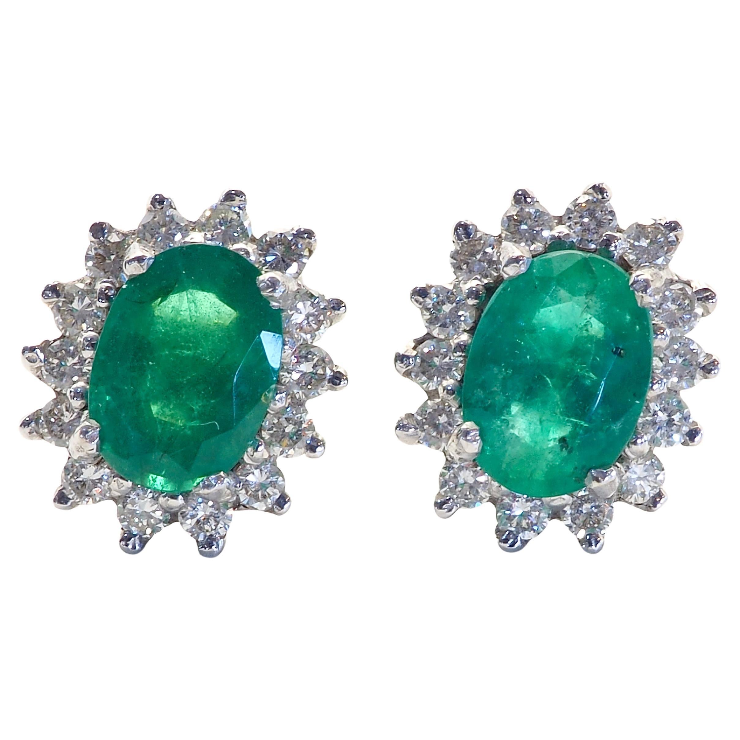 18k White Gold 1.47 Carat Emerald & 0.42 Carat Diamond Cocktail Stud Earrings