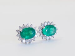 18K White Gold 1.47 Carat Emerald & 0.42 Carat Diamond Halo Stud Earrings