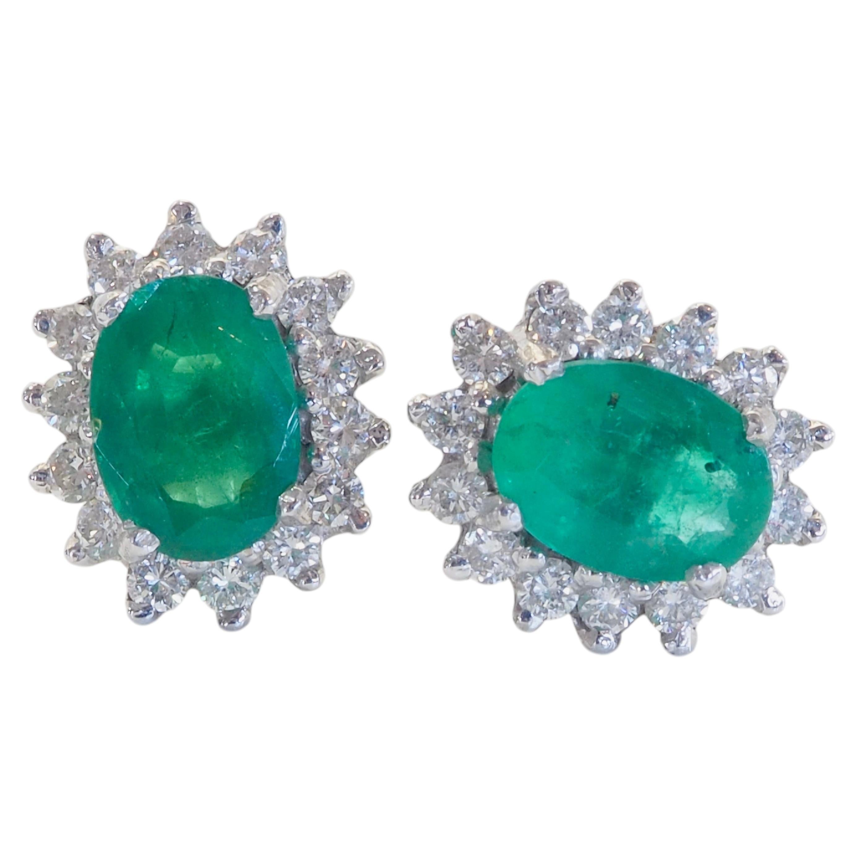 18K White Gold 1.47 Carat Emerald & 0.42 Carat Diamond Halo Stud Earrings