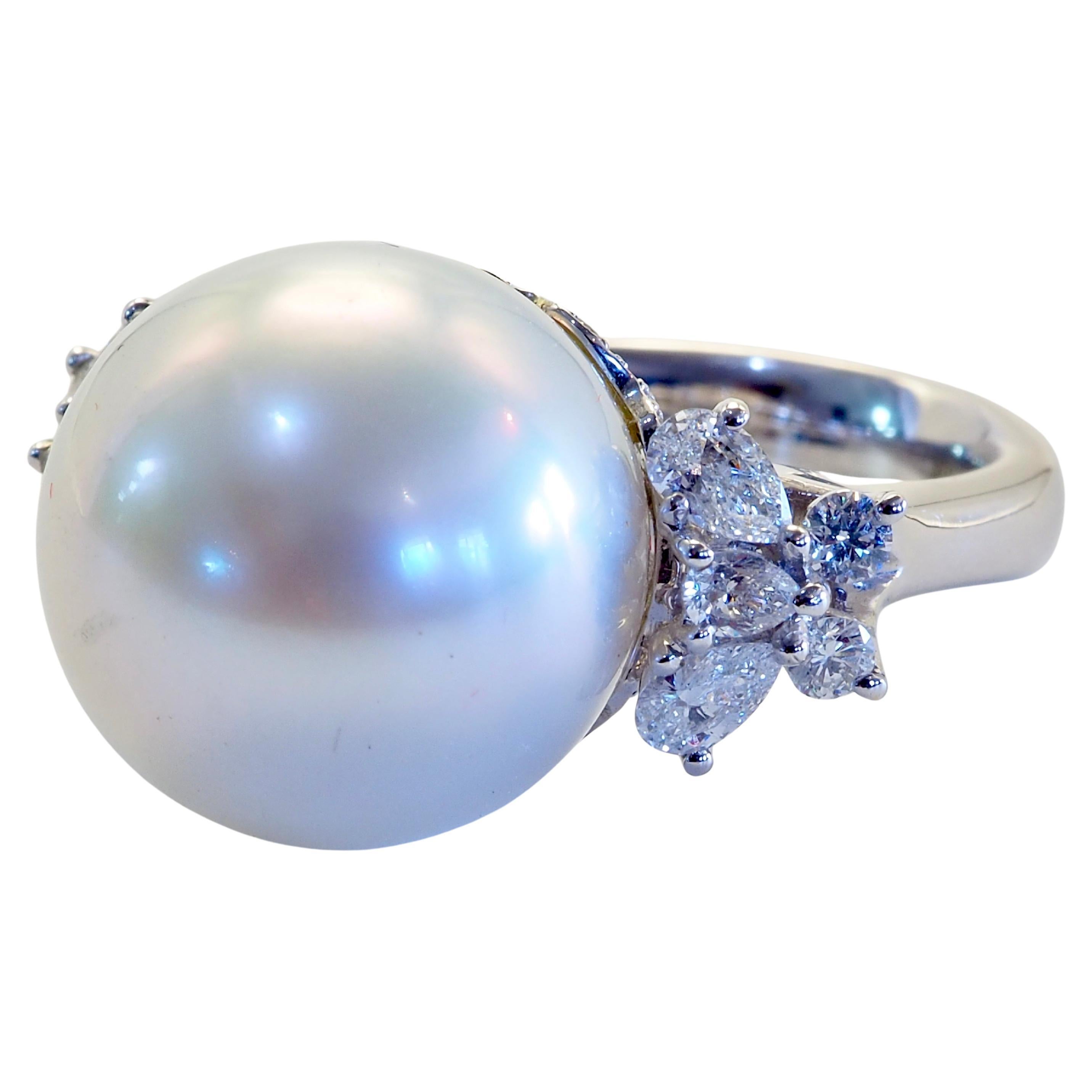 Round Cut 18K White Gold 14.7mm South Sea Pearl & 0.80ct Diamond Statement Fine Ring For Sale
